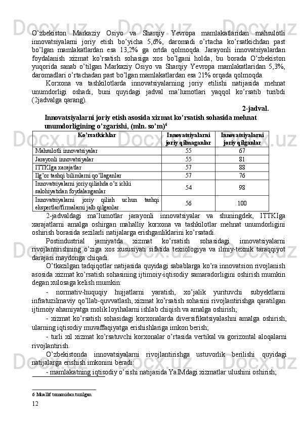 O’zbekiston   Markaziy   Osiyo   va   Sharqiy   Yevropa   mamlakatlaridan   mahsulotli
innovatsiyalarni   joriy   etish   bo’yicha   5,6%,   daromadi   o’rtacha   ko’rsatkichdan   past
bo’lgan   mamlakatlardan   esa   13,2%   ga   ortda   qolmoqda.   Jarayonli   innovatsiyalardan
foydalanish   xizmat   ko’rsatish   sohasiga   xos   bo’lgani   holda,   bu   borada   O’zbekiston
yuqorida   sanab   o’tilgan   Markaziy   Osiyo   va   Sharqiy   Yevropa   mamlakatlaridan   5,3%,
daromadlari o’rtachadan past bo’lgan mamlakatlardan esa 21% orqada qolmoqda. 
Korxona   va   tashkilotlarda   innovatsiyalarning   joriy   etilishi   natijasida   mehnat
unumdorligi   oshadi,   buni   quyidagi   jadval   ma’lumotlari   yaqqol   ko’rsatib   turibdi
(2jadvalga qarang). 
2-jadval. 
Innovatsiyalarni joriy etish asosida xizmat ko’rsatish sohasida mehnat 
unumdorligining o’zgarishi, (mln. so’m) 6
 
Ko’rsatkichlar  Innovatsiyalarni
joriy qilmaganlar  Innovatsiyalarni
joriy qilganlar 
Mahsulotli innovatsiyalar  55  67 
Jarayonli innovatsiyalar  55  81 
ITTKIga xarajatlar  57  88 
Ilg’or tashqi bilimlarni qo’llaganlar  57  76 
Innovatsiyalarni joriy qilishda o’z ichki 
salohiyatidan foydalanganlar  54  98 
Innovatsiyalarni   joriy   qilish   uchun   tashqi
ekspertlar/firmalarni jalb qilganlar  56  100 
2-jadvaldagi   ma’lumotlar   jarayonli   innovatsiyalar   va   shuningdek,   ITTKIga
xarajatlarni   amalga   oshirgan   mahalliy   korxona   va   tashkilotlar   mehnat   unumdorligini
oshirish borasida sezilarli natijalarga erishganliklarini ko’rsatadi. 
Postindustrial   jamiyatda   xizmat   ko’rsatish   sohasidagi   innovatsiyalarni
rivojlantirishning   o’ziga   xos   xususiyati   sifatida   texnologiya   va   ilmiy-texnik   taraqqiyot
darajasi maydonga chiqadi. 
O’tkazilgan tadqiqotlar natijasida quyidagi sabablarga ko’ra innovatsion rivojlanish
asosida xizmat ko’rsatish sohasining ijtimoiy-iqtisodiy samaradorligini oshirish mumkin
degan xulosaga kelish mumkin: 
−   normativ-huquqiy   hujjatlarni   yaratish,   xo’jalik   yurituvchi   subyektlarni
infratuzilmaviy qo’llab-quvvatlash, xizmat ko’rsatish sohasini rivojlantirishga qaratilgan
ijtimoiy ahamiyatga molik loyihalarni ishlab chiqish va amalga oshirish; 
−   xizmat   ko’rsatish   sohasidagi   korxonalarda   diversifikatsiyalashni   amalga   oshirish,
ularning iqtisodiy muvaffaqiyatga erishishlariga imkon berish; 
−   turli xil xizmat ko’rsatuvchi korxonalar o’rtasida vertikal va gorizontal aloqalarni
rivojlantirish. 
O’zbekistonda   innovatsiyalarni   rivojlantirishga   ustuvorlik   berilishi   quyidagi
natijalarga erishish imkonini beradi: 
−   mamlakatning iqtisodiy o’sishi natijasida YaIMdagi xizmatlar ulushini oshirish; 
 
6  Muallif tomonidan tuzilgan 
12