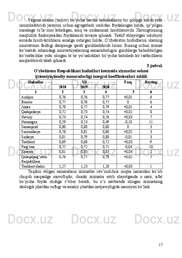 Yagona mezon (tanlov) bo’yicha barcha baholashlarni bir qolipga solish yoki
umumlashtirish jarayoni uchun agregatlash usulidan foydalangan holda, qo’yilgan
masalaga   to’la   mos   keladigan,   aniq   va   mukammal   hisoblanuvchi   Xarringtonning
maqbullik funksiyasidan foydalanish tavsiya qilinadi. Taklif etilayotgan uslubiyot
asosida  hisob-kitoblarni  amalga   oshirgan  holda,  O’zbekiston  hududlarini   ularning
innovatsion   faolligi   darajasiga   qarab   guruhlashtirish   lozim.   Buning   uchun   xizmat
ko’rsatish sohasidagi  innovatsiyalarning samaradorligini guruhlarga birlashtirilgan
ko’rsatkichlar   yoki   olingan   ta’sir   yo’nalishlari   bo’yicha   baholash   ko’rsatkichlarni
aniqlashtirish talab qilinadi. 
3-jadval. 
O’zbekiston Respublikasi hududlari kesimida xizmatlar sohasi
ijtimoiyiqtisodiy samaradorligi integral koeffitsientlari tahlili  
Hududlar  Yil  Farq  Reyting 
2018  2019  2020 
1  2  3  4  5  6 
Andijon  0,76  0,76  0,77  +0,01  6 
Buxoro  0,77  0,76  0,77  0  6 
Jizzax  0,78  0,77  0,79  +0,01  4 
Qashqadaryo  0,72  0,73  0,74  +0,02  8 
Navoiy  0,73  0,74  0,76  +0,03  7 
Namangan  0,59  0,53  0,49  -0,10  11 
Samarqand  0,80  0,80  0,80  0  3 
Surxondaryo  0,78  0,81  0,80  +0,02  3 
Sirdaryo  0,81  0,79  0,80  -0,01  3 
Toshkent  0,69  0,68  0,72  +0,03  9 
Farg’ona  0,75  0,72  0,71  -0,04  10 
Xorazm  0,81  0,85  0,85  +0,04  2 
Qoraqalpog’iston 
Respublikasi  0,76  0,77  0,78  +0,02  5 
Toshkent shahri  1,25  1,23  1,28  +0,03  1 
Taqdim   etilgan   samaralarni   xizmatlar   iste’molchisi   nuqtai   nazaridan   ko’rib
chiqish   maqsadga   muvofiqdir,   chunki   xizmatni   sotib   olayotganda   u   narx,   sifat
bo’yicha   foyda   olishga   e’tibor   beradi,   bu   o’z   navbatida   olingan   xizmatning
ekologik jihatdan sofligi va amaliy jihatdan natijaviyligida namoyon bo’ladi.  
17 