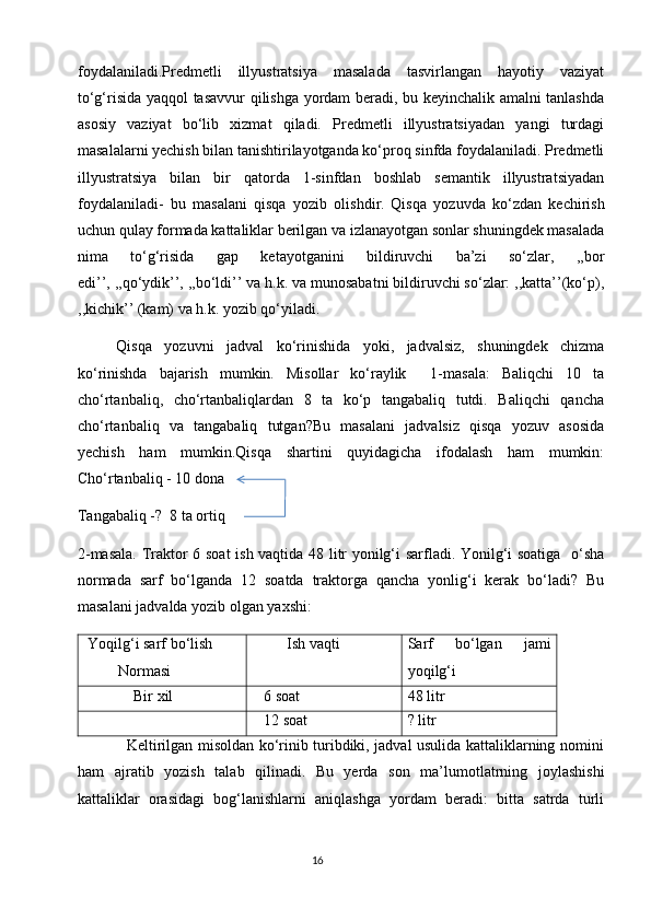 foydalaniladi.Predmetli   illyustratsiya   masalada   tasvirlangan   hayotiy   vaziyat
to‘g‘risida yaqqol tasavvur qilishga yordam beradi, bu keyinchalik amalni tanlashda
asosiy   vaziyat   bo‘lib   xizmat   qiladi.   Predmetli   illyustratsiyadan   yangi   turdagi
masalalarni yechish bilan tanishtirilayotganda ko‘proq sinfda foydalaniladi. Predmetli
illyustratsiya   bilan   bir   qatorda   1-sinfdan   boshlab   semantik   illyustratsiyadan
foydalaniladi-   bu   masalani   qisqa   yozib   olishdir.   Qisqa   yozuvda   ko‘zdan   kechirish
uchun qulay formada kattaliklar berilgan va izlanayotgan sonlar shuningdek masalada
nima   to‘g‘risida   gap   ketayotganini   bildiruvchi   ba’zi   so‘zlar,   ,,bor
edi’’, ,,qo‘ydik’’, ,,bo‘ldi’’ va h.k. va munosabatni bildiruvchi so‘zlar: ,,katta’’(ko‘p),
,,kichik’’ (kam) va h.k. yozib qo‘yiladi.
Qisqa   yozuvni   jadval   ko‘rinishida   yoki,   jadvalsiz,   shuningdek   chizma
ko‘rinishda   bajarish   mumkin.   Misollar   ko‘raylik     1-masala:   Baliqchi   10   ta
cho‘rtanbaliq,   cho‘rtanbaliqlardan   8   ta   ko‘p   tangabaliq   tutdi.   Baliqchi   qancha
cho‘rtanbaliq   va   tangabaliq   tutgan?Bu   masalani   jadvalsiz   qisqa   yozuv   asosida
yechish   ham   mumkin.Qisqa   shartini   quyidagicha   ifodalash   ham   mumkin:
Cho‘rtanbaliq - 10 dona
Tangabaliq -?  8 ta ortiq
2-masala. Traktor 6 soat  ish vaqtida 48 litr yonilg‘i sarfladi. Yonilg‘i soatiga   o‘sha
normada   sarf   bo‘lganda   12   soatda   traktorga   qancha   yonlig‘i   kerak   bo‘ladi?   Bu
masalani jadvalda yozib olgan yaxshi:
 Yoqilg‘i sarf bo‘lish
         Normasi          Ish vaqti Sarf   bo‘lgan   jami
yoqilg‘i
             Bir xil    6 soat  48 litr
   12 soat ? litr
                   Keltirilgan misoldan ko‘rinib turibdiki, jadval usulida kattaliklarning nomini
ham   ajratib   yozish   talab   qilinadi.   Bu   yerda   son   ma’lumotlatrning   joylashishi
kattaliklar   orasidagi   bog‘lanishlarni   aniqlashga   yordam   beradi:   bitta   satrda   turli
                                                                                       16 