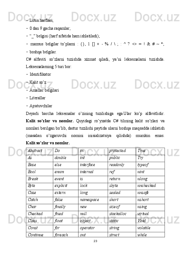 -  Lotin harflari;
-  0 dan 9 gacha raqamlar;
-  “_” belgisi (harf sifatida ham ishlatiladi);
-   maxsus   belgilar   to’plami   :   {},   1   []   +   -   %   /   \   ;   :   ^   ?   <>   =   !   &   #   ~   *;
-  boshqa belgilar.
C#   alfaviti   so’zlarni   tuzishda   xizmat   qiladi,   ya’ni   leksemalarni   tuzishda.
Leksemalarning 5 turi bor:
-  Identifikator
-  Kalit so’z
-  Amallar belgilari
-  Literallar
-  Ajratuvchilar
Deyarli   barcha   leksemalar   o’zining   tuzilishiga   ega.Ular   ko’p   alfavitlidir.
Kalit   so’zlar   va   nomlar.   Quyidagi   ro’yxatda   C#   tilining   kalit   so’zlari   va
nomlari berilgan bo’lib, dastur tuzilishi paytida ularni boshqa maqsadda ishlatish
(masalan   o’zgaruvchi   nomini   inisializatsiya   qilishda)   mumkin   emas.
Kalit so’zlar va nomlar.
Abstract  Do  in  protected  True
As  double  int  public  Try
Base  else  interface  readonly  typeof
Bool  enum  internal  ref  uint
Break  event  is  return  ulong
Byte  explicit  lock  sbyte  unchecked
Case  extern  long  sealed  unsafe
Catch  false  namespace  short  ushort
Char  finally  new  sizeof  using
Checked  fixed  null  stackalloc  virtual
Class  float  object  static  Void
Const  for  operator  string  volatile
Continue  foreach  out  struct  while
23 