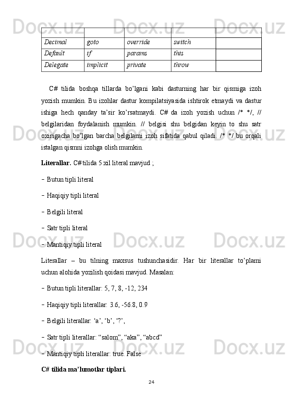 Decimal  goto  override  switch
Default  if  params  this
Delegate  implicit  private  throw
    C#   tilida   boshqa   tillarda   bo’lgani   kabi   dasturning   har   bir   qismiga   izoh
yozish   mumkin.   Bu   izohlar   dastur   kompilatsiyasida   ishtirok   etmaydi   va   dastur
ishiga   hech   qanday   ta’sir   ko’rsatmaydi.   C#   da   izoh   yozish   uchun   /*   */,   //
belgilaridan   foydalanish   mumkin.   //   belgisi   shu   belgidan   keyin   to   shu   satr
oxirigacha   bo’lgan   barcha   belgilarni   izoh   sifatida   qabul   qiladi.   /*   */   bu   orqali
istalgan qismni izohga olish mumkin.
Literallar.  C# tilida 5 xil literal mavjud ;
-  Butun tipli literal
-  Haqiqiy tipli literal
-  Belgili literal
-  Satr tipli literal
-  Mantiqiy tipli literal
Literallar   –   bu   tilning   maxsus   tushunchasidir.   Har   bir   literallar   to’plami
uchun alohida yozilish qoidasi mavjud. Masalan:
-  Butun tipli literallar: 5, 7, 8, -12, 234
-  Haqiqiy tipli literallar: 3.6, -56.8, 0.9
-  Belgili literallar: ‘a’, ‘b’, ‘?’,
-  Satr tipli literallar: “salom”, “aka”, “abcd”
-  Mantiqiy tipli literallar: true. False
C# tilida ma’lumotlar tiplari.
24