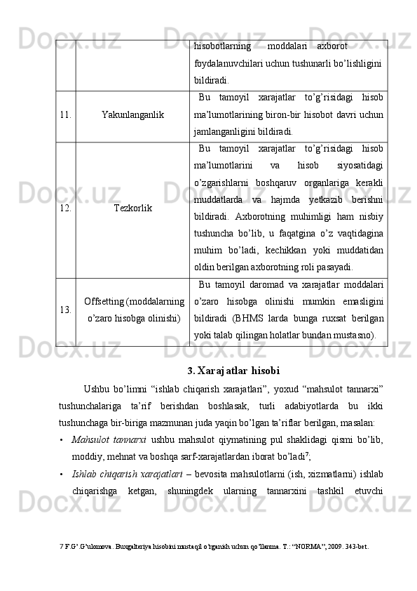 hisobotlarning  moddalari  axborot 
foydalanuvchilari uchun tushunarli bo’lishligini 
bildiradi. 
11.  Yakunlanganlik  Bu   tamoyil   xarajatlar   to’g’risidagi   hisob
ma’lumotlarining biron-bir hisobot  davri uchun
jamlanganligini bildiradi. 
12.  Tezkorlik  Bu   tamoyil   xarajatlar   to’g’risidagi   hisob
ma’lumotlarini   va   hisob   siyosatidagi
o’zgarishlarni   boshqaruv   organlariga   kerakli
muddatlarda   va   hajmda   yetkazib   berishni
bildiradi.   Axborotning   muhimligi   ham   nisbiy
tushuncha   bo’lib,   u   faqatgina   o’z   vaqtidagina
muhim   bo’ladi,   kechikkan   yoki   muddatidan
oldin berilgan axborotning roli pasayadi. 
13.  Offsetting (moddalarning
o’zaro hisobga olinishi)  Bu   tamoyil   daromad   va   xarajatlar   moddalari
o’zaro   hisobga   olinishi   mumkin   emasligini
bildiradi   (BHMS   larda   bunga   ruxsat   berilgan
yoki talab qilingan holatlar bundan mustasno). 
 
3.  Xarajatlar hisobi  
Ushbu   bo’limni   “ishlab   chiqarish   xarajatlari”,   yoxud   “mahsulot   tannarxi”
tushunchalariga   ta’rif   berishdan   boshlasak,   turli   adabiyotlarda   bu   ikki
tushunchaga bir-biriga mazmunan juda yaqin bo’lgan ta’riflar berilgan, masalan: 
• Mahsulot   tannarxi   ushbu   mahsulot   qiymatining   pul   shaklidagi   qismi   bo’lib,
moddiy, mehnat va boshqa sarf-xarajatlardan iborat bo’ladi 7
;  
• Ishlab chiqarish xarajatlari  –   bevosita mahsulotlarni  (ish, xizmatlarni) ishlab
chiqarishga   ketgan,   shuningdek   ularning   tannarxini   tashkil   etuvchi
7  F.G’.G’ulomova. Buxgalteriya hisobini mustaqil o’rganish uchun qo’llanma. T.: “NORMA”, 2009. 343-bet.  