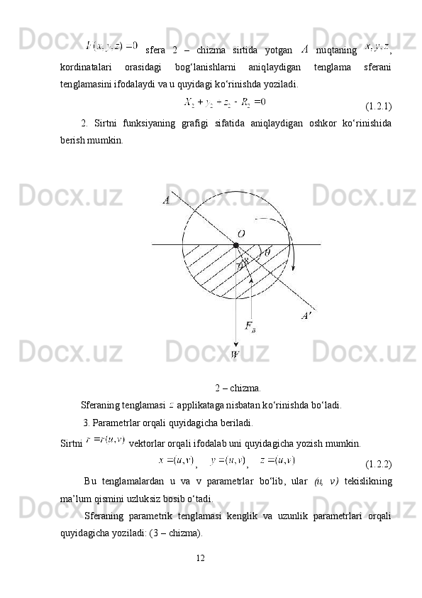 sfera   2   –   chizma   sirtida   yotgan     nuqtaning   ,
kordinatalari   orasidagi   bog‘lanishlarni   aniqlaydigan   tenglama   sferani
tenglamasini ifodalaydi va u quyidagi ko‘rinishda yoziladi.
                                        (1.2.1)
2.   Sirtni   funksiyaning   grafigi   sifatida   aniqlaydigan   oshkor   ko‘rinishida
berish mumkin.
2 – chizma. 
Sferaning tenglamasi   applikataga nisbatan ko‘rinishda bo‘ladi.
 3. Parametrlar orqali quyidagicha beriladi.
Sirtni    vektorlar orqali ifodalab uni quyidagicha yozish mumkin.
, ,                             (1.2.2)
Bu   tenglamalardan   u   va   v   parametrlar   bo‘lib,   ular   (u,   v)   tekislikning
ma’lum qismini uzluksiz bosib o‘tadi.
Sferaning   parametrik   tenglamasi   kenglik   va   uzunlik   parametrlari   orqali
quyidagicha yoziladi: (3 – chizma).
                                                                 12