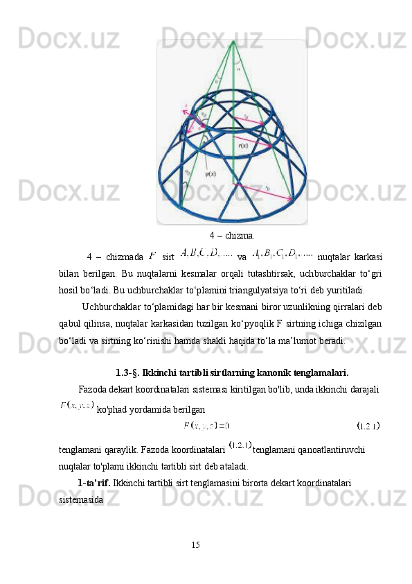 4 –  с hizma. 
    4   –   chizmada     sirt     va     nuqtalar   karkasi
bilan   berilgan.   Bu   nuqtalarni   kesmalar   orqali   tutashtirsak,   uchburchaklar   to‘gri
hosil bo‘ladi. Bu uchburchaklar to‘plamini triangulyatsiya to‘ri deb yuritiladi.
Uchburchaklar to‘plamidagi har bir kesmani biror uzunlikning qirralari deb
qabul qilinsa, nuqtalar karkasidan tuzilgan ko‘pyoqlik F sirtning ichiga chizilgan
bo‘ladi va sirtning ko‘rinishi hamda shakli haqida to‘la ma’lumot beradi.
1.3 -§.  Ikkinchi tartibli sirtlarning kanonik tenglamalari.
Fazoda dekart koordinatalari sistemasi kiritilgan bo'lib, unda ikkinchi darajali
 ko'phad yordamida berilgan 
                                                                                                        
tenglamani qaraylik. Fazoda koordinatalari  tenglamani qanoatlantiruvchi 
nuqtalar to'plami ikkinchi tartibli sirt deb ataladi.
         1-ta’rif.  Ikkinchi tartibli sirt tenglamasini birorta dekart koordinatalari 
sistemasida
                                                                 15