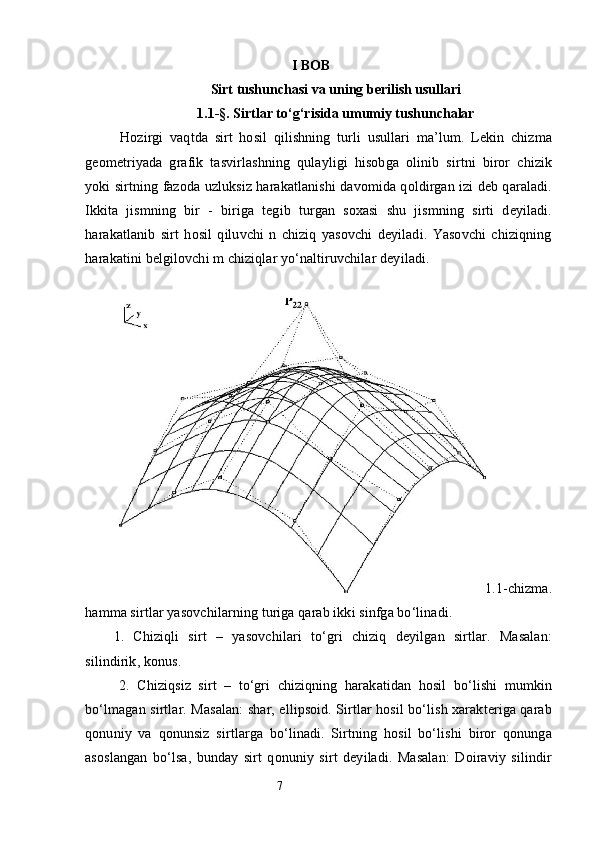                                                            I BOB
Sirt tushunchasi va uning berilish usullari
1.1-§.  Sirtlar to‘g‘risida umumiy tushunchalar
  Hozirgi   vaqtda   sirt   hosil   qilishning   turli   usullari   ma’lum.   Lekin   chizma
geometriyada   grafik   tasvirlashning   qulayligi   hisobga   olinib   sirtni   biror   chizik
yoki sirtning fazoda uzluksiz harakatlanishi davomida qoldirgan izi deb qaraladi.
Ikkita   jismning   bir   -   biriga   tegib   turgan   soxasi   shu   jismning   sirti   deyiladi.
harakatlanib   sirt   hosil   qiluvchi   n   chiziq   yasovchi   deyiladi.   Yasovchi   chiziqning
harakatini belgilovchi m chiziqlar yo‘naltiruvchilar deyiladi.
1.1-chizma.
hamma sirtlar yasovchilarning turiga qarab ikki sinfga bo‘linadi.
1.   Chiziqli   sirt   –   yasovchilari   to‘gri   chiziq   deyilgan   sirtlar.   Masalan:
silindirik, konus. 
2.   Chiziqsiz   sirt   –   to‘gri   chiziqning   harakatidan   hosil   bo‘lishi   mumkin
bo‘lmagan sirtlar. Masalan: shar, ellipsoid. Sirtlar hosil bo‘lish xarakteriga qarab
qonuniy   va   qonunsiz   sirtlarga   bo‘linadi.   Sirtning   hosil   bo‘lishi   biror   qonunga
asoslangan   bo‘lsa,   bunday   sirt   qonuniy   sirt   deyiladi.   Masalan:   Doiraviy   silindir
                                                                 7 