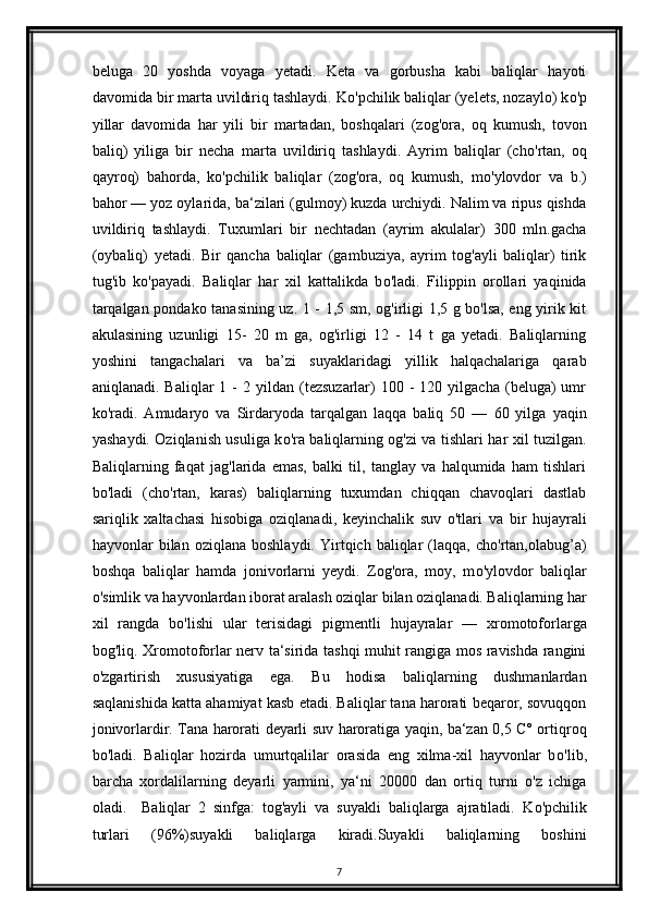 beluga   20   yoshda   voyaga   yetadi.   Keta   va   gorbusha   kabi   baliqlar   hayoti
davomida bir marta uvildiriq tashlaydi. K о 'pchilik baliqlar (yelets, nozaylo) k о 'p
yillar   davomida   har   yili   bir   martadan,   boshqalari   (zog'ora,   oq   kumush,   tovon
baliq)   yiliga   bir   necha   marta   uvildiriq   tashlaydi.   Ayrim   baliqlar   (ch о 'rtan,   oq
qayroq)   bahorda,   k о 'pchilik   baliqlar   (zog'ora,   oq   kumush,   m о 'ylovdor   va   b.)
bahor — yoz oylarida, ba‘zilari (gulmoy) kuzda urchiydi. Nalim va ripus qishda
uvildiriq   tashlaydi.   Tuxumlari   bir   nechtadan   (ayrim   akulalar)   300   mln.gacha
(oybaliq)   yetadi.   Bir   qancha   baliqlar   (gambuziya,   ayrim   tog'ayli   baliqlar)   tirik
tug'ib   k о 'payadi.   Baliqlar   har   xil   kattalikda   b о 'ladi.   Filippin   orollari   yaqinida
tarqalgan pondako tanasining uz. 1 - 1,5 sm, og'irligi 1,5 g bo'lsa, eng yirik kit
akulasining   uzunligi   15-   20   m   ga,   og'irligi   12   -   14   t   ga   yetadi.   Baliqlarning
yoshini   tangachalari   va   ba’zi   suyaklaridagi   yillik   halqachalariga   qarab
aniqlanadi.  Baliqlar  1  -   2  yildan  (tezsuzarlar)  100  -   120  yilgacha  (beluga)   umr
k о 'radi.   Amudaryo   va   Sirdaryoda   tarqalgan   laqqa   baliq   50   —   60   yilga   yaqin
yashaydi. Oziqlanish usuliga k о 'ra baliqlarning og'zi va tishlari har xil tuzilgan.
Baliqlarning   faqat   jag'larida   emas,   balki   til,   tanglay   va   halqumida   ham   tishlari
b о 'ladi   (ch о 'rtan,   karas)   baliqlarning   tuxumdan   chiqqan   chavoqlari   dastlab
sariqlik   xaltachasi   hisobiga   oziqlanadi,   keyinchalik   suv   o'tlari   va   bir   hujayrali
hayvonlar   bilan   oziqlana  boshlaydi.   Yirtqich   baliqlar   (laqqa,   cho'rtan,olabug’a)
boshqa   baliqlar   hamda   jonivorlarni   yeydi.   Zog'ora,   moy,   m о 'ylovdor   baliqlar
о 'simlik va hayvonlardan iborat aralash oziqlar bilan oziqlanadi. Baliqlarning har
xil   rangda   b о 'lishi   ular   terisidagi   pigmentli   hujayralar   —   xromotoforlarga
bog'liq. Xromotoforlar nerv ta‘sirida tashqi muhit rangiga mos ravishda rangini
о 'zgartirish   xususiyatiga   ega.   Bu   hodisa   baliqlarning   dushmanlardan
saqlanishida katta ahamiyat kasb etadi. Baliqlar tana harorati beqaror, sovuqqon
jonivorlardir. Tana harorati deyarli suv haroratiga yaqin, ba‘zan 0,5 C° ortiqroq
b о 'ladi.   Baliqlar   hozirda   umurtqalilar   orasida   eng   xilma-xil   hayvonlar   b о 'lib,
barcha   xordalilarning   deyarli   yarmini,   ya‘ni   20000   dan   ortiq   turni   o'z   ichiga
oladi.     Baliqlar   2   sinfga:   tog'ayli   va   suyakli   baliqlarga   ajratiladi.   K о 'pchilik
turlari   (96%)suyakli   baliqlarga   kiradi.Suyakli   baliqlarning   boshini
7 