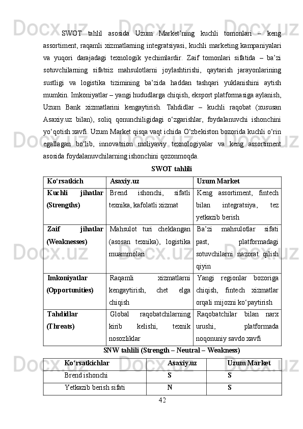 SWOT   tahlil   asosida   Uzum   Market’ning   kuchli   tomonlari   –   keng
assortiment, raqamli xizmatlarning integratsiyasi, kuchli  marketing kampaniyalari
va   yuqori   darajadagi   texnologik   yechimlardir.   Zaif   tomonlari   sifatida   –   ba’zi
sotuvchilarning   sifatsiz   mahsulotlarni   joylashtirishi,   qaytarish   jarayonlarining
sustligi   va   logistika   tizimining   ba’zida   haddan   tashqari   yuklanishini   aytish
mumkin. Imkoniyatlar – yangi hududlarga chiqish, eksport platformasiga aylanish,
Uzum   Bank   xizmatlarini   kengaytirish.   Tahdidlar   –   kuchli   raqobat   (xususan
Asaxiy.uz   bilan),   soliq   qonunchiligidagi   o‘zgarishlar,   foydalanuvchi   ishonchini
yo‘qotish xavfi. Uzum Market qisqa vaqt ichida O‘zbekiston bozorida kuchli o‘rin
egallagan   bo‘lib,   innovatsion   moliyaviy   texnologiyalar   va   keng   assortiment
asosida foydalanuvchilarning ishonchini qozonmoqda.
SWOT tahlili
Ko‘rsatkich Asaxiy.uz Uzum Market
Kuchli   jihatlar
(Strengths) Brend   ishonchi,   sifatli
texnika, kafolatli xizmat Keng   assortiment,   fintech
bilan   integratsiya,   tez
yetkazib berish
Zaif   jihatlar
(Weaknesses) Mahsulot   turi   cheklangan
(asosan   texnika),   logistika
muammolari Ba’zi   mahsulotlar   sifati
past,   platformadagi
sotuvchilarni   nazorat   qilish
qiyin
Imkoniyatlar
(Opportunities) Raqamli   xizmatlarni
kengaytirish,   chet   elga
chiqish Yangi   regionlar   bozoriga
chiqish,   fintech   xizmatlar
orqali mijozni ko‘paytirish
Tahdidlar
(Threats) Global   raqobatchilarning
kirib   kelishi,   texnik
nosozliklar Raqobatchilar   bilan   narx
urushi,   platformada
noqonuniy savdo xavfi
SNW tahlili (Strength – Neutral – Weakness)
Ko‘rsatkichlar Asaxiy.uz Uzum Market
Brend ishonchi S S
Yetkazib berish sifati N S
42 