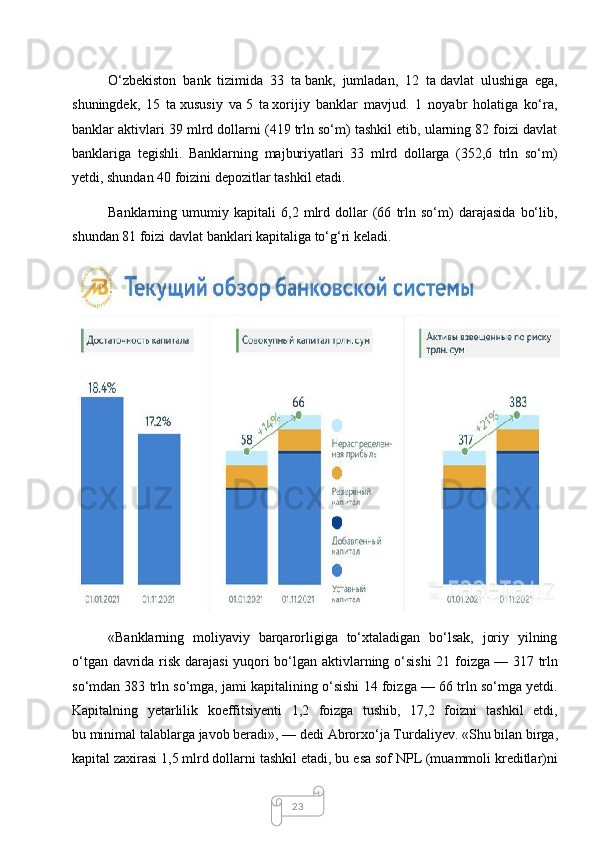 23O‘zbekiston   bank   tizimida   33   ta   bank,   jumladan,   12   ta   davlat   ulushiga   ega,
shuningdek,   15   ta   xususiy   va   5   ta   xorijiy   banklar   mavjud.   1   noyabr   holatiga   ko‘ra,
banklar aktivlari 39 mlrd dollarni (419 trln so‘m) tashkil etib, ularning 82 foizi davlat
banklariga   tegishli.   Banklarning   majburiyatlari   33   mlrd   dollarga   (352,6   trln   so‘m)
yetdi, shundan 40 foizini depozitlar tashkil etadi.
Banklarning   umumiy   kapitali   6,2   mlrd   dollar   (66   trln   so‘m)   darajasida   bo‘lib,
shundan 81 foizi davlat banklari kapitaliga to‘g‘ri keladi.
«Banklarning   moliyaviy   barqarorligiga   to‘xtaladigan   bo‘lsak,   joriy   yilning
o‘tgan davrida risk darajasi yuqori bo‘lgan aktivlarning o‘sishi 21 foizga   — 317 trln
so‘mdan 383 trln so‘mga, jami kapitalining o‘sishi 14 foizga   — 66 trln so‘mga yetdi.
Kapitalning   yetarlilik   koeffitsiyenti   1,2   foizga   tushib,   17,2   foizni   tashkil   etdi,
bu   minimal talablarga javob beradi»,   — dedi Abrorxo‘ja Turdaliyev. «Shu   bilan birga,
kapital zaxirasi 1,5 mlrd dollarni tashkil etadi, bu   esa sof NPL (muammoli kreditlar)ni