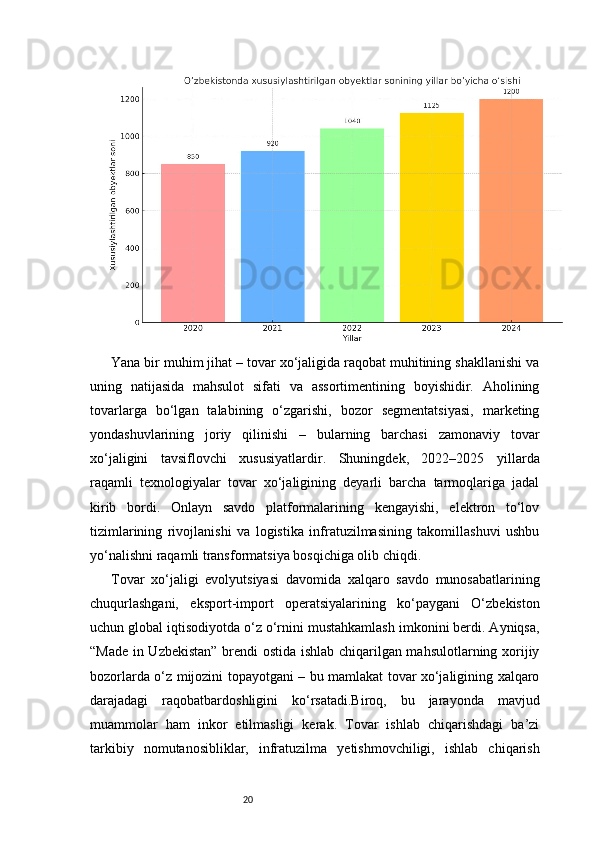 20Yana bir muhim jihat – tovar xo‘jaligida raqobat muhitining shakllanishi va
uning   natijasida   mahsulot   sifati   va   assortimentining   boyishidir.   Aholining
tovarlarga   bo‘lgan   talabining   o‘zgarishi,   bozor   segmentatsiyasi,   marketing
yondashuvlarining   joriy   qilinishi   –   bularning   barchasi   zamonaviy   tovar
xo‘jaligini   tavsiflovchi   xususiyatlardir.   Shuningdek,   2022–2025   yillarda
raqamli   texnologiyalar   tovar   xo‘jaligining   deyarli   barcha   tarmoqlariga   jadal
kirib   bordi.   Onlayn   savdo   platformalarining   kengayishi,   elektron   to‘lov
tizimlarining   rivojlanishi   va   logistika   infratuzilmasining   takomillashuvi   ushbu
yo‘nalishni raqamli transformatsiya bosqichiga olib chiqdi.
Tovar   xo‘jaligi   evolyutsiyasi   davomida   xalqaro   savdo   munosabatlarining
chuqurlashgani,   eksport-import   operatsiyalarining   ko‘paygani   O‘zbekiston
uchun global iqtisodiyotda o‘z o‘rnini mustahkamlash imkonini berdi. Ayniqsa,
“Made in Uzbekistan” brendi ostida ishlab chiqarilgan mahsulotlarning xorijiy
bozorlarda o‘z mijozini topayotgani – bu mamlakat tovar xo‘jaligining xalqaro
darajadagi   raqobatbardoshligini   ko‘rsatadi.Biroq,   bu   jarayonda   mavjud
muammolar   ham   inkor   etilmasligi   kerak.   Tovar   ishlab   chiqarishdagi   ba’zi
tarkibiy   nomutanosibliklar,   infratuzilma   yetishmovchiligi,   ishlab   chiqarish 