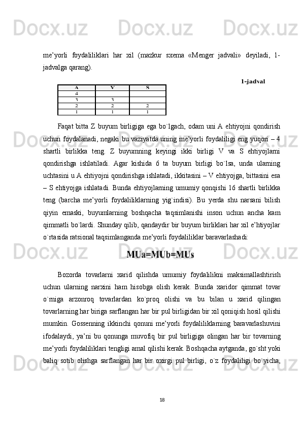 me’yorli   foydaliliklari   har   xil   (mazkur   sxema   «Menger   jadvali»   deyiladi,   1-
jadvalga qarang).
Faqat  bitta  Z  buyum  birligiga  ega  bo`lgach,  odam   uni  A  ehtiyojni  qondirish
uchun foydalanadi, negaki bu vaziyatda uning me’yorli foydaliligi eng yuqori – 4
shartli   birlikka   teng.   Z   buyumning   keyingi   ikki   birligi   V   va   S   ehtiyojlarni
qondirishga   ishlatiladi.   Agar   kishida   6   ta   buyum   birligi   bo`lsa,   unda   ularning
uchtasini u A ehtiyojni qondirishga ishlatadi, ikkitasini – V ehtiyojga, bittasini esa
– S ehtiyojga ishlatadi. Bunda ehtiyojlarning umumiy qonqishi 16 shartli birlikka
teng   (barcha   me’yorli   foydaliliklarning   yig`indisi).   Bu   yerda   shu   narsani   bilish
qiyin   emaski,   buyumlarning   boshqacha   taqsimlanishi   inson   uchun   ancha   kam
qimmatli bo`lardi. Shunday qilib, qandaydir bir buyum birliklari har xil e’htiyojlar
o`rtasida ratsional taqsimlanganda me’yorli foydaliliklar baravarlashadi:
Bozorda   tovarlarni   xarid   qilishda   umumiy   foydalilikni   maksimallashtirish
uchun   ularning   narxini   ham   hisobga   olish   kerak .   Bunda   xaridor   qimmat   tovar
o ` rniga   arzonroq   tovarlardan   ko ` proq   olishi   va   bu   bilan   u   xarid   qilingan
tovarlarning   har   biriga   sarflangan   har   bir   pul   birligidan   bir   xil   qoniqish   hosil   qilishi
mumkin .   Gossenning   ikkinchi   qonuni   me ’ yorli   foydaliliklarning   baravarlashuvini
ifodalaydi ,   ya ’ ni   bu   qonunga   muvofiq   bir   pul   birligiga   olingan   har   bir   tovarning
me ’ yorli   foydaliliklari   tengligi   amal   qilishi   kerak .  Boshqacha   aytganda ,  go ` sht   yoki
baliq   sotib   olishga   sarflangan   har   bir   oxirgi   pul   birligi ,   o ` z   foydaliligi   bo ` yicha ,
18 