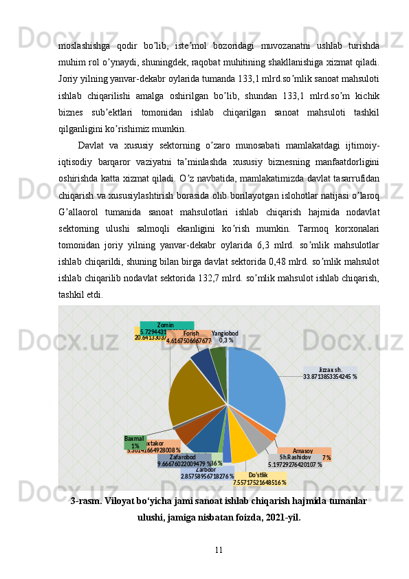 moslashishga   qodir   bo lib,   iste mol   bozoridagi   muvozanatni   ushlab   turishdaʼ ʼ
muhim rol o ynaydi, shuningdek, raqobat muhitining shakllanishiga xizmat qiladi.	
ʼ
Joriy yilning yanvar-dekabr oylarida tumanda 133,1 mlrd.so mlik sanoat mahsuloti	
ʼ
ishlab   chiqarilishi   amalga   oshirilgan   bo lib,   shundan   133,1   mlrd.so m   kichik	
ʼ ʼ
biznes   sub ektlari   tomonidan   ishlab   chiqarilgan   sanoat   mahsuloti   tashkil	
ʼ
qilganligini ko rishimiz mumkin. 	
ʼ
Davlat   va   xususiy   sektorning   o zaro   munosabati   mamlakatdagi   ijtimoiy-	
ʼ
iqtisodiy   barqaror   vaziyatni   ta minlashda   xususiy   biznesning   manfaatdorligini	
ʼ
oshirishda katta xizmat qiladi. O z navbatida, mamlakatimizda davlat tasarrufidan
ʼ
chiqarish va xususiylashtirish borasida olib borilayotgan islohotlar natijasi o laroq	
ʼ
G allaorol   tumanida   sanoat   mahsulotlari   ishlab   chiqarish   hajmida   nodavlat	
ʼ
sektorning   ulushi   salmoqli   ekanligini   ko rish   mumkin.   Tarmoq   korxonalari	
ʼ
tomonidan   joriy   yilning   yanvar-dekabr   oylarida   6,3   mlrd.   so mlik   mahsulotlar	
ʼ
ishlab chiqarildi, shuning bilan birga davlat sektorida 0,48 mlrd. so mlik mahsulot	
ʼ
ishlab chiqarilib nodavlat sektorida 132,7 mlrd. so mlik mahsulot ishlab chiqarish,	
ʼ
tashkil etdi.
Jizzax sh.
33.8713853354245 %
Arnasoy  
2.15208291921617 % Sh.Rashidov
5.19729276420107 %
Do‘stlik  
7.55717521648516 %Zarbdor  
2.85758956718276 % Mirzacho‘l  
1.28989337739486 % Zafarobod  
9.66676022009479 %Paxtakor  
5.30141664928008 %Baxmal  
1% G‘allaorol  
20.6413303736332 % Zomin  
5.72944314750028 %
Forish  
4.61675066676774% Yangiobod  
0,3 %
3-rasm. Viloyat bo‘yicha jami sanoat ishlab chiqarish hajmida tumanlar
ulushi, jamiga nisbatan foizda, 2021-yil.
11 