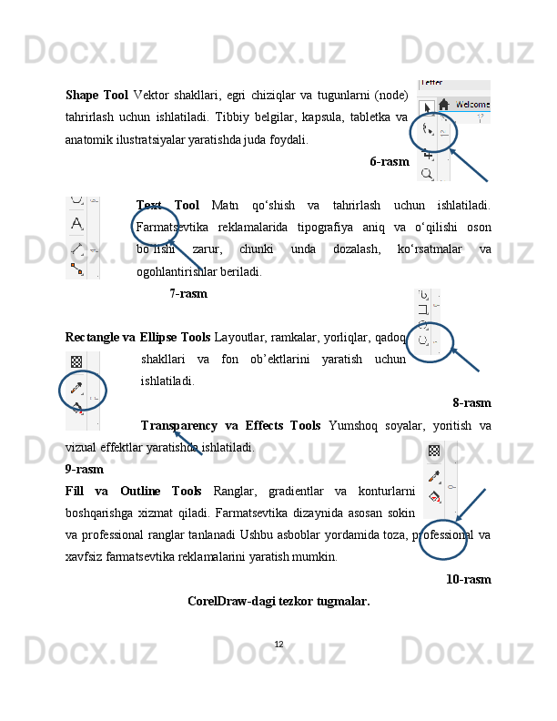 Shape   Tool   Vektor   shakllari,   egri   chiziqlar   va   tugunlarni   (node)
tahrirlash   uchun   ishlatiladi.   Tibbiy   belgilar,   kapsula,   tabletka   va
anatomik ilustratsiyalar yaratishda juda foydali.
6-rasm
Text   Tool   Matn   qo‘shish   va   tahrirlash   uchun   ishlatiladi.
Farmatsevtika   reklamalarida   tipografiya   aniq   va   o‘qilishi   oson
bo‘lishi   zarur,   chunki   unda   dozalash,   ko‘rsatmalar   va
ogohlantirishlar beriladi.
7-rasm
Rectangle va Ellipse Tools   Layoutlar, ramkalar, yorliqlar, qadoq
shakllari   va   fon   ob’ektlarini   yaratish   uchun
ishlatiladi.
8-rasm
Transparency   va   Effects   Tools   Yumshoq   soyalar,   yoritish   va
vizual effektlar yaratishda ishlatiladi.
9-rasm
Fill   va   Outline   Tools   Ranglar,   gradientlar   va   konturlarni
boshqarishga   xizmat   qiladi.   Farmatsevtika   dizaynida   asosan   sokin
va professional  ranglar tanlanadi Ushbu asboblar yordamida toza, professional  va
xavfsiz farmatsevtika reklamalarini yaratish mumkin.  
10-rasm
CorelDraw-dagi tezkor tugmalar.
12 