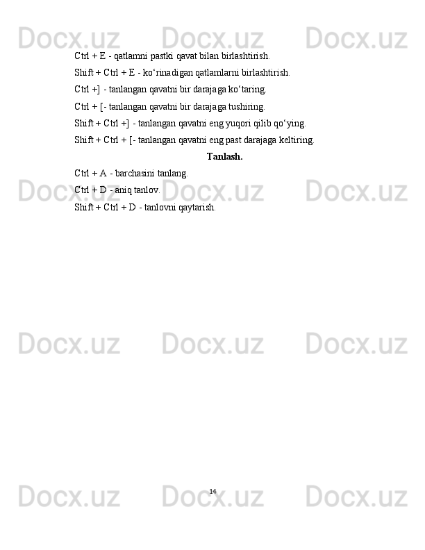 Ctrl + E - qatlamni pastki qavat bilan birlashtirish.
Shift + Ctrl + E - ko‘rinadigan qatlamlarni birlashtirish.
Ctrl +] - tanlangan qavatni bir darajaga ko‘taring.
Ctrl + [- tanlangan qavatni bir darajaga tushiring.
Shift + Ctrl +] - tanlangan qavatni eng yuqori qilib qo‘ying.
Shift + Ctrl + [- tanlangan qavatni eng past darajaga keltiring.
Tanlash.
Ctrl + A - barchasini tanlang.
Ctrl + D - aniq tanlov.
Shift + Ctrl + D - tanlovni qaytarish.
14 