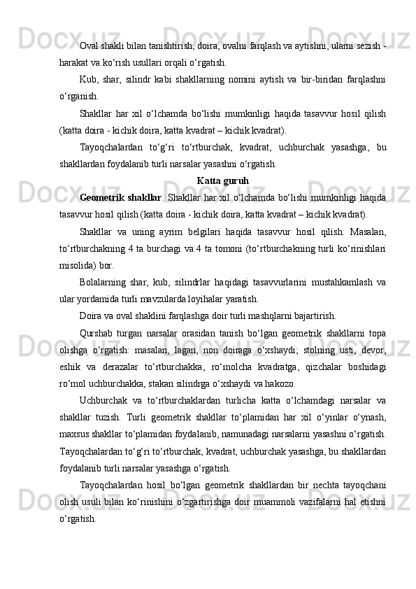 Oval shakli bilan tanishtirish, doira, ovalni farqlash va aytishni, ularni sezish -
harakat va ko‘rish usullari orqali o‘rgatish. 
Kub,   shar,   silindr   kabi   shakllarning   nomini   aytish   va   bir-biridan   farqlashni
o‘rganish. 
Shakllar   har   xil   o‘lchamda   bo‘lishi   mumkinligi   haqida   tasavvur   hosil   qilish
(katta doira - kichik doira, katta kvadrat – kichik kvadrat). 
Tayoqchalardan   to‘g‘ri   to‘rtburchak,   kvadrat,   uchburchak   yasashga,   bu
shakllardan foydalanib turli narsalar yasashni o‘rgatish. 
Katta guruh
Geometrik shakllar . Shakllar  har  xil o‘lchamda bo‘lishi  mumkinligi  haqida
tasavvur hosil qilish (katta doira - kichik doira, katta kvadrat – kichik kvadrat). 
Shakllar   va   uning   ayrim   belgilari   haqida   tasavvur   hosil   qilish:   Masalan,
to‘rtburchakning 4 ta burchagi va 4 ta tomoni (to‘rtburchakning turli ko‘rinishlari
misolida) bor. 
Bolalarning   shar,   kub,   silindrlar   haqidagi   tasavvurlarini   mustahkamlash   va
ular yordamida turli mavzularda loyihalar yaratish. 
Doira va oval shaklini farqlashga doir turli mashqlarni bajartirish. 
Qurshab   turgan   narsalar   orasidan   tanish   bo‘lgan   geometrik   shakllarni   topa
olishga   o‘rgatish:   masalan,   lagan,   non   doiraga   o‘xshaydi;   stolning   usti,   devor,
eshik   va   derazalar   to‘rtburchakka,   ro‘molcha   kvadratga,   qizchalar   boshidagi
ro‘mol uchburchakka, stakan silindrga o‘xshaydi va hakozo. 
Uchburchak   va   to‘rtburchaklardan   turlicha   katta   o‘lchamdagi   narsalar   va
shakllar   tuzish.   Turli   geometrik   shakllar   to‘plamidan   har   xil   o‘yinlar   o‘ynash,
maxsus shakllar to‘plamidan foydalanib, namunadagi narsalarni yasashni o‘rgatish.
Tayoqchalardan to‘g‘ri to‘rtburchak, kvadrat, uchburchak yasashga, bu shakllardan
foydalanib turli narsalar yasashga o‘rgatish. 
Tayoqchalardan   hosil   bo‘lgan   geometrik   shakllardan   bir   nechta   tayoqchani
olish  usuli  bilan  ko‘rinishini   o‘zgartirishga  doir   muammoli  vazifalarni  hal   etishni
o‘rgatish.  