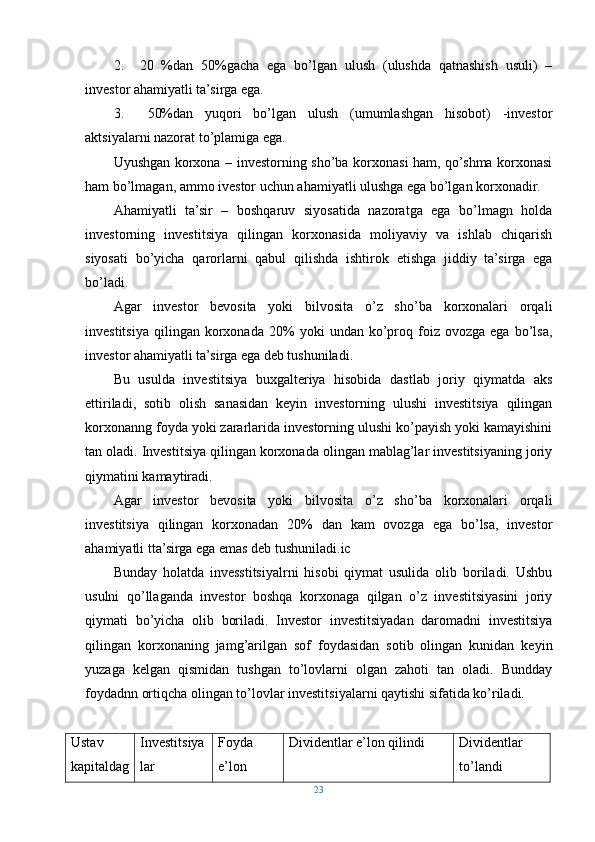 2.     20   %dan   50%gacha   ega   bo’lgan   ulush   (ulushda   qatnashish   usuli)   –
investor ahamiyatli ta’sirga ega.
3.     50%dan   yuqori   bo’lgan   ulush   (umumlashgan   hisobot)   -investor
aktsiyalarni nazorat to’plamiga ega.
Uyushgan korxona – investorning sho’ba korxonasi ham, qo’shma korxonasi
ham bo’lmagan, ammo ivestor uchun ahamiyatli ulushga ega bo’lgan korxonadir.
Ahamiyatli   ta’sir   –   boshqaruv   siyosatida   nazoratga   ega   bo’lmagn   holda
investorning   investitsiya   qilingan   korxonasida   moliyaviy   va   ishlab   chiqarish
siyosati   bo’yicha   qarorlarni   qabul   qilishda   ishtirok   etishga   jiddiy   ta’sirga   ega
bo’ladi.
Agar   investor   bevosita   yoki   bilvosita   o’z   sho’ba   korxonalari   orqali
investitsiya   qilingan   korxonada   20%   yoki   undan  ko’proq   foiz   ovozga   ega   bo’lsa,
investor ahamiyatli ta’sirga ega deb tushuniladi.
Bu   usulda   investitsiya   buxgalteriya   hisobida   dastlab   joriy   qiymatda   aks
ettiriladi,   sotib   olish   sanasidan   keyin   investorning   ulushi   investitsiya   qilingan
korxonanng foyda yoki zararlarida investorning ulushi ko’payish yoki kamayishini
tan oladi. Investitsiya qilingan korxonada olingan mablag’lar investitsiyaning joriy
qiymatini kamaytiradi.
Agar   investor   bevosita   yoki   bilvosita   o’z   sho’ba   korxonalari   orqali
investitsiya   qilingan   korxonadan   20%   dan   kam   ovozga   ega   bo’lsa,   investor
ahamiyatli tta’sirga ega emas deb tushuniladi.ic
Bunday   holatda   invesstitsiyalrni   hisobi   qiymat   usulida   olib   boriladi.   Ushbu
usulni   qo’llaganda   investor   boshqa   korxonaga   qilgan   o’z   investitsiyasini   joriy
qiymati   bo’yicha   olib   boriladi.   Investor   investitsiyadan   daromadni   investitsiya
qilingan   korxonaning   jamg’arilgan   sof   foydasidan   sotib   olingan   kunidan   keyin
yuzaga   kelgan   qismidan   tushgan   to’lovlarni   olgan   zahoti   tan   oladi.   Bundday
foydadnn ortiqcha olingan to’lovlar investitsiyalarni qaytishi sifatida ko’riladi.
Ustav
kapitaldag Investitsiya
lar Foyda
e’lon Dividentlar e’lon qilindi Dividentlar
to’landi
23 