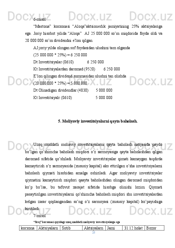 6-misol
“Mastona”   korxonasi   “Aloqa”aktsionerlik   jamiyatining   25%   aktsiyalariga
ega.   Joriy   hisobot   yilida   “Aloqa”    AJ   25   000   000   so’m   miqdorida   foyda   oldi   va
20   000   000 so’m dividendni e’lon qilgan.
AJ joriy yilda olingan sof foydasidan ulushini tam olganda
(25   000   000 * 25%) = 6   250   000
Dt Investitsiyalar (0610)             6   250   000
Kt Investitsiyalardan daromad (9520)        6   250   000
E’lon qilingan dividend summasidan ulushni tan olishda
(20   000   000 * 25%) = 5   000   000
Dt Olinadigan dividendlar (4830)       5   000   000
Kt Investitsiyalr (0610)                       5   000 000      
5.  Moliyaviy investitsiyalarni qayta baholash.
Uzoq   muddatli   moliaviy   investitsiyalarni   qayta   baholash   natijasida   paydo
bo’lgan   qo’shimcha   baholash   miqdoei   o’z   sarmoyasiga   qayta   baholashdan   qilgan
daromad   sifatida   qo’shiladi.   Moliyaviy   investitsiyalar   qimati   kamaygan   taqdirda
kamaytirish o’z sarmoyasida (xususiy kapital) aks ettirilgan o’sha investitsiyalarni
baholash   qiymati   hisobidan   amalga   oshiriladi.   Agar   moliyaviy   investitsiyalar
qiymatini   kamaytirish   miqdori   qaayta   baholashdan   olingan   daromad   miqdoridan
ko’p   bo’lsa,   bu   tafovut   xarajat   sifatida   hisobga   olinishi   lozim.   Qiymati
pasaytirilgan investitsiyalarni  qo’shimcha baholash miqdori  shu investitsiyalardan
kelgan   zarar   qoplangandan   so’ng   o’z   sarmoyasi   (xususiy   kapital)   ko’payishiga
kiritiladi.
7-misol
“Siroj” korxonasi quyidagi uzoq muddatli moliyaviy investitsiyalarga ega
korxona Aktsiyalarn Sotib Aktsiyalarn Jami 31.12.holat Bozor
25 