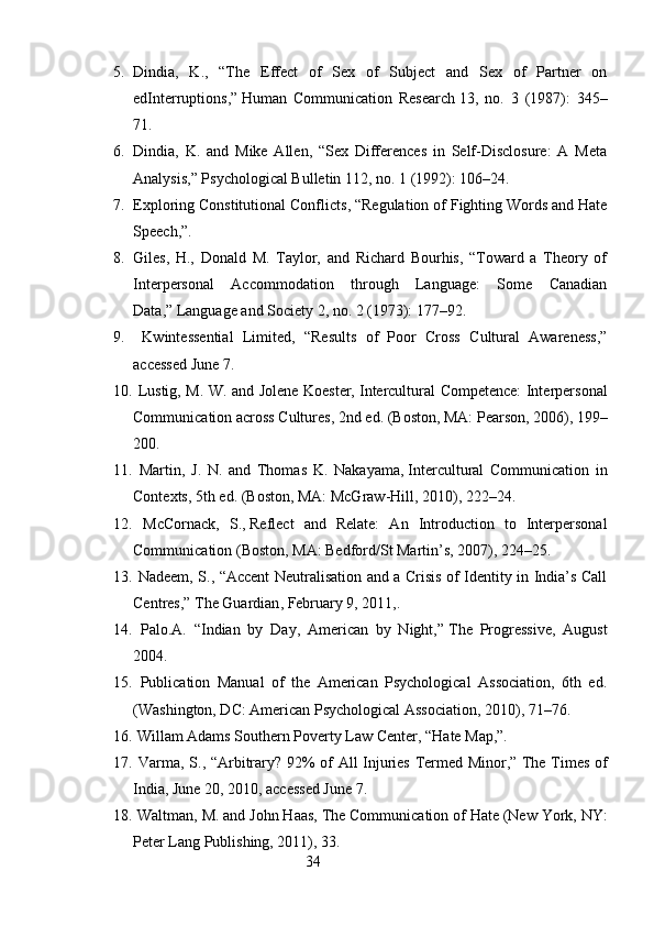 5. Dindia,   K.,   “The   Effect   of   Sex   of   Subject   and   Sex   of   Partner   on
edInterruptions,”   Human   Communication   Research   13,   no.   3   (1987):   345–
71.
6. Dindia,   K.   and   Mike   Allen,   “Sex   Differences   in   Self-Disclosure:   A   Meta
Analysis,”   Psychological Bulletin   112, no. 1 (1992): 106–24.
7. Exploring Constitutional Conflicts , “Regulation of Fighting Words and Hate
Speech,”.
8. Giles,   H.,   Donald   M.   Taylor,   and   Richard   Bourhis,   “Toward   a   Theory   of
Interpersonal   Accommodation   through   Language:   Some   Canadian
Data,”   Language and Society   2, no. 2 (1973): 177–92.
9.   Kwintessential   Limited ,   “Results   of   Poor   Cross   Cultural   Awareness,”
accessed June 7.
10.   Lustig, M. W. and Jolene Koester,   Intercultural Competence: Interpersonal
Communication across Cultures , 2nd ed. (Boston, MA: Pearson, 2006), 199–
200.
11.   Martin,   J.   N.   and   Thomas   K.   Nakayama,   Intercultural   Communication   in
Contexts , 5th ed. (Boston, MA: McGraw-Hill, 2010), 222–24.
12.   McCornack,   S.,   Reflect   and   Relate:   An   Introduction   to   Interpersonal
Communication   (Boston, MA: Bedford/St Martin’s, 2007), 224–25.
13.   Nadeem, S., “Accent Neutralisation and a Crisis of Identity in India’s Call
Centres,”   The Guardian , February 9, 2011,.
14.   Palo.A.   “Indian   by   Day,   American   by   Night,”   The   Progressive ,   August
2004.
15.   Publication   Manual   of   the   American   Psychological   Association,   6th   ed.
(Washington, DC: American Psychological Association, 2010), 71–76.
16.  Willam Adams Southern Poverty Law Center , “Hate Map,”.
17.   Varma, S., “Arbitrary? 92% of All Injuries Termed Minor,”   The Times of
India , June 20, 2010, accessed June 7.
18.  Waltman, M. and John Haas,   The Communication of Hate   (New York, NY:
Peter Lang Publishing, 2011), 33.
                                                        34 