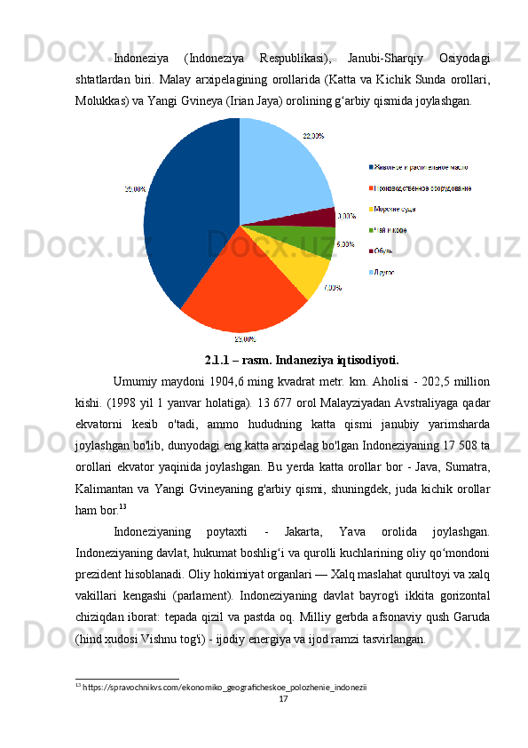 Indoneziya   (Indoneziya   Respublikasi),   Janubi-Sharqiy   Osiyodagi
shtatlardan   biri.   Malay   arxipelagining   orollarida   (Katta   va   Kichik   Sunda   orollari,
Molukkas) va Yangi Gvineya (Irian Jaya) orolining g arbiy qismida joylashgan. ʻ
2.1.1 – rasm. Indaneziya iqtisodiyoti.
Umumiy maydoni  1904,6 ming kvadrat  metr. km. Aholisi  - 202,5 million
kishi. (1998 yil 1 yanvar holatiga). 13 677 orol Malayziyadan Avstraliyaga qadar
ekvatorni   kesib   o'tadi,   ammo   hududning   katta   qismi   janubiy   yarimsharda
joylashgan bo'lib, dunyodagi eng katta arxipelag bo'lgan Indoneziyaning 17 508 ta
orollari   ekvator   yaqinida   joylashgan.   Bu   yerda   katta   orollar   bor   -   Java,   Sumatra,
Kalimantan  va  Yangi  Gvineyaning   g'arbiy  qismi,   shuningdek,  juda  kichik  orollar
ham bor. 13
Indoneziyaning   poytaxti   -   Jakarta,   Yava   orolida   joylashgan.
Indoneziyaning davlat, hukumat boshlig i va qurolli kuchlarining oliy qo mondoni	
ʻ ʻ
prezident hisoblanadi. Oliy hokimiyat organlari — Xalq maslahat qurultoyi va xalq
vakillari   kengashi   (parlament).   Indoneziyaning   davlat   bayrog'i   ikkita   gorizontal
chiziqdan iborat:  tepada qizil  va pastda oq. Milliy gerbda afsonaviy qush Garuda
(hind xudosi Vishnu tog'i) - ijodiy energiya va ijod ramzi tasvirlangan.
13
 https://spravochnikvs.com/ekonomiko_geograficheskoe_polozhenie_indonezii
17 