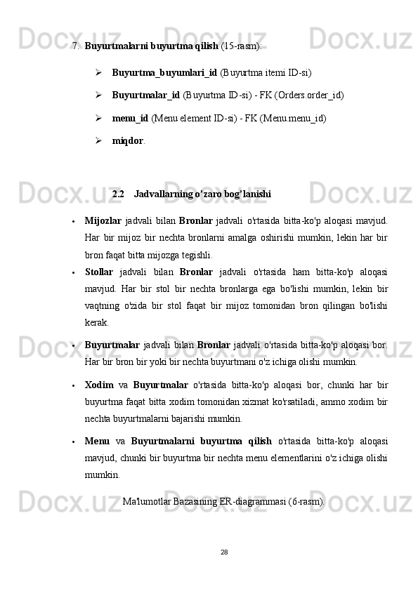 7. Buyurtmalarni buyurtma qilish  (15-rasm):
 Buyurtma_buyumlari_id  (Buyurtma itemi ID-si)
 Buyurtmalar_id  (Buyurtma ID-si) - FK (Orders.order_id)
 menu_id  (Menu element ID-si) - FK (Menu.menu_id)
 miqdor .
2.2 Jadvallarning o’zaro bog’lanishi
 Mijozlar   jadvali   bilan   Bronlar   jadvali   o'rtasida   bitta-ko'p   aloqasi   mavjud.
Har   bir   mijoz   bir   nechta   bronlarni   amalga   oshirishi   mumkin,   lekin   har   bir
bron faqat bitta mijozga tegishli.
 Stollar   jadvali   bilan   Bronlar   jadvali   o'rtasida   ham   bitta-ko'p   aloqasi
mavjud.   Har   bir   stol   bir   nechta   bronlarga   ega   bo'lishi   mumkin,   lekin   bir
vaqtning   o'zida   bir   stol   faqat   bir   mijoz   tomonidan   bron   qilingan   bo'lishi
kerak.
 Buyurtmalar   jadvali   bilan   Bronlar   jadvali   o'rtasida  bitta-ko'p  aloqasi  bor.
Har bir bron bir yoki bir nechta buyurtmani o'z ichiga olishi mumkin.
 Xodim   va   Buyurtmalar   o'rtasida   bitta-ko'p   aloqasi   bor,   chunki   har   bir
buyurtma faqat bitta xodim tomonidan xizmat ko'rsatiladi, ammo xodim bir
nechta buyurtmalarni bajarishi mumkin.
 Menu   va   Buyurtmalarni   buyurtma   qilish   o'rtasida   bitta-ko'p   aloqasi
mavjud, chunki bir buyurtma bir nechta menu elementlarini o'z ichiga olishi
mumkin.
Ma'lumotlar Bazasining ER-diagrammasi (6-rasm).
28 