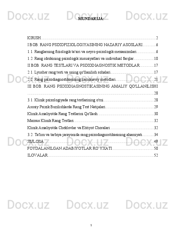 MUNDАRIJА:
KIRISH ................................................................................................................... 2
I BOB. RANG PSIXOFIZIOLOGIYASINING NAZARIY ASOSLARI ............. 6
1.1. Ranglarning fiziologik ta'siri va neyro-psixologik mexanizmlari ................... 6
1.2. Rang idrokining psixologik xususiyatlari va individual farqlar .................... 10
II BOB. RANG TESTLARI VA PSIXODIAGNOSTIK METODLAR .............. 17
2.1. Lyusher rang testi va uning qo'llanilish sohalari ........................................... 17
2.2. Rang psixodiagnostikasining zamonaviy metodlari ...................................... 21
III   BOB.   RANG   PSIXODIAGNOSTIKASINING   AMALIY   QO'LLANILISHI
.............................................................................................................................. 28
3.1. Klinik psixologiyada rang testlarining o'rni .................................................. 28
Asosiy Psixik Buzilishlarda Rang Test Natijalari ................................................ 29
Klinik Amaliyotda Rang Testlarini Qo'llash ........................................................ 30
Maxsus Klinik Rang Testlari ................................................................................ 32
Klinik Amaliyotda Cheklovlar va Ehtiyot Choralari ........................................... 32
3.2. Ta'lim va tarbiya jarayonida rang psixodiagnostikasining ahamiyati ........... 34
XULOSA .............................................................................................................. 49
FOYDALANILGAN ADABIYOTLAR RO’YXATI ......................................... 50
ILOVALAR .......................................................................................................... 52
1 