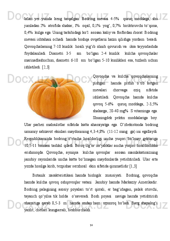 bilan   yer   yuzida   keng   tarqalgan.   Bodring   mevasi   4-5%     quruq   moddaga,   shu
jumladan 2%   atrofida shakar, 1%  oqsil, 0,1%   yog‘, 0,7%  biriktiruvchi to‘qima,
0,4%  kulga ega. Uning tarkibidagi ko‘l  asosan kaliy va fosfordan iborat. Bodring
mevasi ishtahani ochadi   hamda boshqa ovqatlarni hazm qilishga yordam   beradi.
Qovoqchalarning   7-10   kunlik     hosili   yig‘ib   olinib   qovurish   va     ikra   tayyorlashda
foydalaniladi.   Diametri   3-5     sm     bo‘lgan   2-4   kunlik     kulcha   qovoqchalar
marinadlashuchun,   diametri   6-10   sm     bo‘lgan  5-10 kunliklari  esa,  tuzlash   uchun
ishlatiladi. [2,3]
Qovoqcha   va   kulcha   qovoqchalarning
pishgan     hamda   pishib   o‘tib   ketgan
mevalari   chorvaga   oziq   sifatida
ishlatiladi.   Qovoqcha   hamda   kulcha
qovoq   5-6%     quruq   moddaga,   2-3,5%
shakarga, 20-40 mg%  S vitaminga ega.
Shuningdek   pektin   moddalariga   boy.
Ular   parhez   mahsulotlar   sifatida   katta   ahamiyatga   ega.   O‘zbekistonda   bodring
umumiy sabzavot ekinlari maydonining 4,3-4,8%   (11-12 ming   ga) ini egallaydi.
Respublikamizda   bodring   o‘rtacha   hosildorligi   uncha   yuqori   bo‘lmay   gektariga
10,5-11   tonnani   tashkil   qiladi.   Biroq  ilg‘or   xo‘jaliklar   ancha   yuqori   hosildorlikka
erishmoqda.   Qovoqcha,   ayniqsa     kulcha   qovoqlar     asosan   mamlakatimizning
janubiy   rayonlarida   uncha   katta   bo‘lmagan   maydonlarda   yetishtiriladi.   Ular   erta
yozda hosilga kirib, tezpishar serxhosil  ekin sifatida qimmatlidir [1,3]
Botanik     xarakteristikasi   hamda   biologik     xususiyati.     Bodring,   qovoqcha
hamda   kulcha   qovoq   oshqovoqlar   vatani     Janubiy   hamda   Markaziy   Amerikadir.
Bodring   palagining   asosiy   poyalari   to‘rt   qirrali,   er   bag‘irlagan,   palak   otuvchi,
tayanch   qo‘yilsa   tik   holda     o‘saveradi.   Bosh   poyasi     naviga   hamda   yetishtirish
sharoitiga   qarab   0,5-3     m     hamda   undan   ham     uzunroq   bo‘ladi.   Barg   shapalog‘i
yaxlit, chetlari kungiarrali, beshburchakli. 
14 