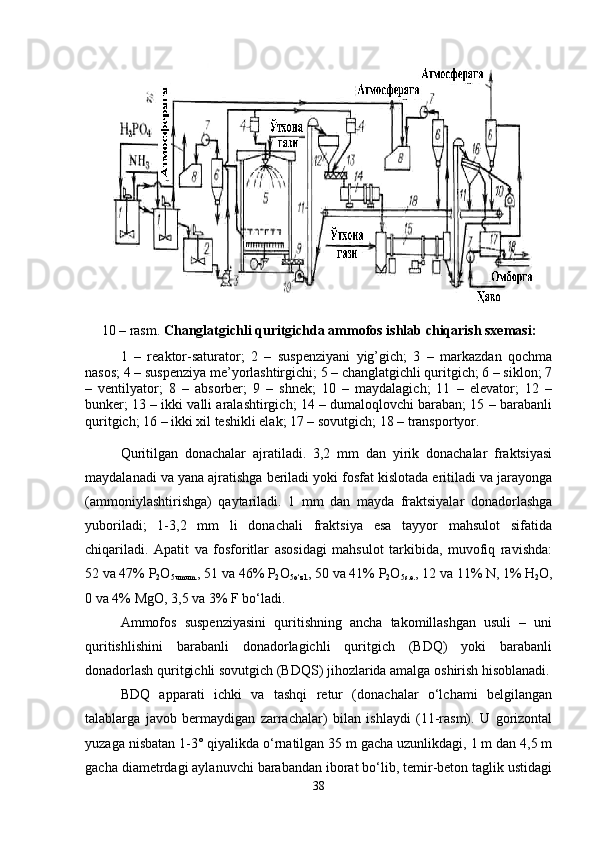 10 – rasm.  C h anglatgichli quritgichda ammofos ishlab chiqarish sxemasi:
1   –   reaktor-saturator;   2   –   suspenziyani   yig’gich;   3   –   markazdan   qochma
nasos; 4 – suspenziya me’yorlashtirgichi; 5 – changlatgichli quritgich; 6 – siklon; 7
–   ventilyator;   8   –   absorber;   9   –   shnek;   10   –   maydalagich;   11   –   elevator;   12   –
bunker; 13 – ikki valli aralashtirgich; 14 – dumaloqlovchi baraban; 15 – barabanli
quritgich; 16 – ikki xil teshikli elak; 17 – sovutgich; 18 – transportyor.
Quritilgan   donachalar   ajratiladi.   3,2   mm   dan   yirik   donachalar   fraktsiyasi
maydalanadi va yana ajratishga beriladi yoki fosfat kislotada eritiladi va jarayonga
(ammoniylashtirishga)   qaytariladi.   1   mm   dan   mayda   fraktsiyalar   donadorlashga
yuboriladi;   1-3,2   mm   li   donachali   fraktsiya   esa   tayyor   mahsulot   sifatida
chiqariladi.   Apatit   va   fosforitlar   asosidagi   mahsulot   tarkibida,   muvofiq   ravishda:
52 va 47% P
2 O
5umum. , 51 va 46% P
2 O
5o‘zl. , 50 va 41% P
2 O
5s.e. , 12 va 11% N, 1% H
2 O,
0 va 4% MgO, 3,5 va 3% F bo‘ladi.
Ammofos   suspenziyasini   quritishning   ancha   takomillashgan   usuli   –   uni
quritishlishini   barabanli   donadorlagichli   quritgich   (BDQ)   yoki   barabanli
donadorlash quritgichli sovutgich (BDQS) jihozlarida amalga oshirish hisoblanadi.
BDQ   apparati   ichki   va   tashqi   retur   (donachalar   o‘lchami   belgilangan
talablarga   javob   bermaydigan   zarrachalar)   bilan   ishlaydi   (11-rasm).   U   gorizontal
yuzaga nisbatan 1-3° qiyalikda o‘rnatilgan 35 m gacha uzunlikdagi, 1 m dan 4,5 m
gacha diametrdagi aylanuvchi barabandan iborat bo‘lib, temir-beton taglik ustidagi
38 