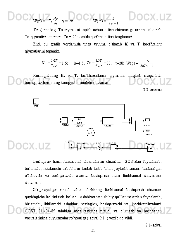 W(p) =   T
0 + y = kx                    W( p) =  
Tenglamadagi   To   qiymatini   topish   uchun   o‘tish   chizmasiga   urinma   o‘tkazib
To  qiymatini topaman, To = 20 u xolda qurilma o‘tish tenglamasi:
Endi   bu   grafik   yordamida   unga   urinma   o‘tkazib   K   va   T   koeffitsient
qiymatlarini topamiz.
1.5 ; k=1.5 ;   20 ; t=20 ;   W(p) =  
Rostlagichning   K
r   va   T
o   koffitsientlarini   qiymatini   aniqlash   maqsadida
boshqaruv tizimining kompyutor modelini tuzaman.
2.2-sexema
Boshqaruv   tizim   funktsional   chizmalarini   chizishda,   GOSTdan   foydalanib,
birlamchi,   ikkilamchi   asboblarni   tanlab   tartib   bilan   joylashtiraman.   Tanlanilgan
o‘lchovchi   va   boshqaruvchi   asosida   boshqarish   tizim   funktsional   chizmasini
chizaman.
O‘rga na yotgan   misol   uchun   obektning   funktsional   boshqarish   chizmasi
quyidagicha ko‘rinishda bo‘ladi. Adabiyot va uslubiy qo‘llanmalardan foydalanib,
birlamchi,   ikkilamchi   asboblar,   rostlagich,   boshqaruvchi   va   ijrochiqurilmalarni
GOST   21.404-85   talabiga   mos   ravishda   tuzildi   va   o‘lchash   va   boshqarish
vositalarining buyurtmalar ro‘yxatiga (jadval 2.1. ) yozib qo‘yildi.   
2.1-jadval
51 