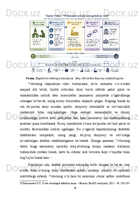 4-rasm.   Kapitalizm ruhining evolyutsiyasi: diniy ildizlardan dunyoviy institutlargacha.
Veberning   «kapitalizm   ruhi»   tushunchasi,   ya ni   mehnatni   o z-o zidanʼ ʻ ʻ
maqsad   deb   bilish,   boylik   orttirishni   diniy   burch   sifatida   qabul   qilish   va
tejamkorlikka   intilish   kabi   xususiyatlar   zamonaviy   jamiyatda   o zgarishlarga	
ʻ
uchragan   bo lsa-da,   uning   asosiy   elementlari   saqlanib   qolgan.   Bugungi   kunda   bu	
ʻ
ruh   ko pincha   diniy   asosdan   ajralib,   dunyoviy   ratsionallik   va   iste molchilik	
ʻ ʼ
madaniyati   bilan   uyg unlashgan.   Ishga   sadoqat,   samaradorlik   va   doimiy	
ʻ
rivojlanishga   intilish   kabi   qadriyatlar   hali   ham   zamonaviy   ish   madaniyatining
ajralmas qismi hisoblanadi. Biroq, tejamkorlik o rnini ko pincha iste mol qilish va	
ʻ ʻ ʼ
moddiy   farovonlikka   intilish   egallagan.   Bu   o zgarish   kapitalizmning   dastlabki
ʻ
shakllaridan   uzoqlashib,   uning   yangi,   ko proq   dunyoviy   va   iste molga
ʻ ʼ
yo naltirilgan   shaklini   shakllantirganini   ko rsatadi.   Shunga   qaramay,   Veberning	
ʻ ʻ
tahlili   bizga   zamonaviy   iqtisodiy   xulq-atvorning   chuqur   madaniy   ildizlarini
tushunishda   yordam   beradi,   hatto   bu   ildizlar   endi   bevosita   diniy   e tiqodlar   bilan	
ʼ
bog liq bo lmasa ham.	
ʻ ʻ   29
Kapitalizm   ruhi,   dastlab   protestant   axloqidan   kelib   chiqqan   bo lsa-da,   vaqt	
ʻ
o tishi   bilan   o zining   diniy   asoslaridan   ajralib,   mustaqil   ijtimoiy   va   iqtisodiy	
ʻ ʻ
institutlarga   aylandi.   Veberning   o zi   ham   bu   jarayonni   «temir   qafas»   metaforasi	
ʻ
29  Bekmuratov U.X. G arb sotsiologik tafakkuri tarixi. – Buxoro: BuxDU nashriyoti, 2022. – B. 210–235	
ʻ
28 
