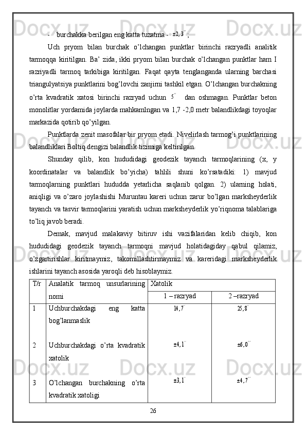 - burchakka berilgan eng katta tuzatma - ±2,3'' ;
Uch   pryom   bilan   burchak   o’lchangan   punktlar   birinchi   razryadli   analitik
tarmoqqa   kiritilgan.   Ba’   zida,   ikki   pryom   bilan   burchak   o’lchangan   punktlar   ham   I
razriyadli   tarmoq   tarkibiga   kiritilgan.   Faqat   qayta   tenglanganda   ularning   barchasi
triangulyatsiya punktlarini bog’lovchi zanjirni tashkil etgan. O’lchangan burchakning
o’rta   kvadratik   xatosi   birinchi   razryad   uchun  	
5''     dan   oshmagan.   Punktlar   beton
monolitlar yordamida joylarda mahkamlngan va 1,7 -2,0 metr balandlikdagi toyoqlar
markazida qotirib qo’yilgan.
Punktlarda zenit masofalar bir pryom etadi. Nivelirlash tarmog’i punktlarining
balandliklari Boltiq dengizi balandlik tizimiga keltirilgan.
Shunday   qilib,   kon   hududidagi   geodezik   tayanch   tarmoqlarining   (x,   y
koordinatalar   va   balandlik   bo’yicha)   tahlili   shuni   ko’rsatadiki:   1)   mavjud
tarmoqlarning   punktlari   hududda   yetarlicha   saqlanib   qolgan.   2)   ularning   holati,
aniqligi   va   o’zaro   joylashishi   Muruntau   kareri   uchun   zarur   bo’lgan   marksheyderlik
tayanch va tasvir tarmoqlarini yaratish uchun marksheyderlik yo’riqnoma talablariga
to’liq javob beradi.
Demak,   mavjud   malakaviy   bitiruv   ishi   vazifalaridan   kelib   chiqib,   kon
hududidagi   geodezik   tayanch   tarmoqni   mavjud   holatidagiday   qabul   qilamiz,
o’zgartirishlar   kiritmaymiz,   takomillashtirmaymiz   va   kareridagi   marksheyderlik
ishlarini tayanch asosida yaroqli deb hisoblaymiz.  
T/r Analatik   tarmoq   unsurlarining
nomi Xatolik
1 – razryad 2 –razryad
1
2
3 Uchburchakdagi   eng   katta
bog’lanmaslik
Uchburchakdagi   o’rta   kvadratik
xatolik
O’lchangan   burchakning   o’rta
kvadratik xatoligi 
14	,7''	
±4,1''	
±3,1''	
25	,8''	
±6,0''	
±4,7''
26