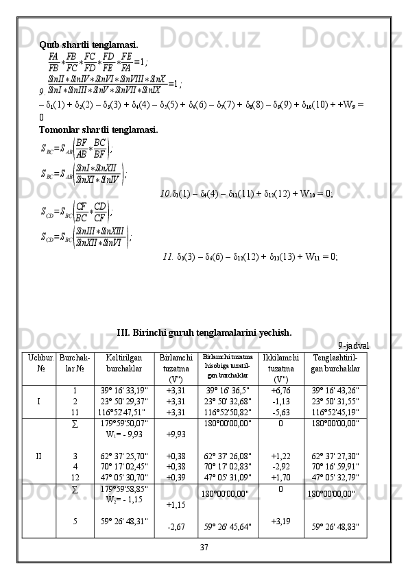 Qutb shartli tenglamasi .
9 .FA
FB	∗FB
FC	∗FC
FD	∗FD
FE	∗FE
FA	=1;	
SinII	∗SinIV	∗SinVI	∗SinVIII	∗SinX	
SinI	∗SinIII	∗SinV	∗SinVII	∗SinIX	=1;
– δ
1 (1) + δ
2 (2) – δ
3 (3) + δ
4 (4) – δ
5 (5) + δ
6 (6) – δ
7 (7) + δ
8 (8) – δ
9 (9) + δ
10 (10) + +W
9  = 
0
Tomonlar shartli tenglamasi .	
SBC	=SAB	(
BF
AB	∗BC
BF	);	
SBC	=SAB	(
SinI	∗SinXII	
SinXI	∗SinIV	);
             10 . δ
1 (1) –  δ
4 (4) –  δ
11 (11) +  δ
12 (12) + W
10  = 0;	
SСD	=	SBC	(
CF
BC	∗CD
CF	);	
SCD	=	SBC	(
SinIII	∗SinXIII	
SinXII	∗SinVI	);
            11.   δ
3 (3) –  δ
6 (6) –  δ
12 (12) +  δ
13 (13) + W
11  = 0;
III.  Birinchi guruh tenglamalarini  y echish .
9 -jadval
Uchbur.
№ Burchak-
lar  № Keltirilgan
burchaklar  Birlamchi 
tuzatma
( V '')  Birlamchi tuzatma
hisobiga tuzatil-
gan burchaklar Ikkilamchi
tuzatma
( V ") Tenglashtiril-
gan burchaklar
I 1
2
11 39° 16' 33,19"
23° 50' 29,37"
116°52'47,51" +3,31
+3,31
+3,31 39° 16' 36,5"
23° 50' 32,68"
116°52'50,82" +6,76
-1,13
-5,63 39° 16' 43,26"
23° 50' 31,55"
116°52'45,19"
II ∑
3
4
12 179°59'50,07"
W
1 =  - 9,93 
62° 37' 25,70"
70° 17' 02,45"
47° 05' 30,70" +9,93
+0,38
+0,38
+0,39 180°00'00,00"
62° 37' 26,08"
70° 17' 02,83"
47° 05' 31,09" 0
+1,22
-2,92
+1,70 180°00'00,00"
62° 37' 27,30"
70° 16' 59,91"
47° 05' 32,79"
∑
5 179°59'58,85"
W
2 =  - 1,15
59° 26' 48,31" +1,15
-2,67 180°00'00,00"
59° 26' 45,64" 0
+3,19 180°00'00,00"
59° 26' 48,83"
37