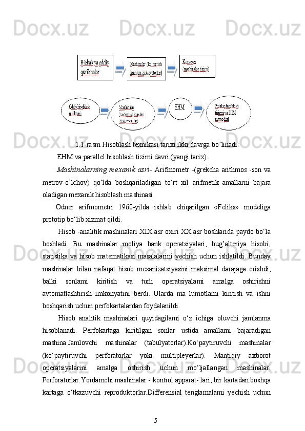 1.1-rasm Hisoblash texnikasi tarixi ikki davrga bo’linadi:
EHM va parallel hisoblash tizimi davri (yangi tarix). 
Mashinalarning mexanik asri-   Arifmometr   -(grekcha  arithmos  -son  va
metrov-o’lchov)   qo‘lda   boshqariladigan   to‘rt   xil   arifmetik   amallarni   bajara
oladigan mexanik hisoblash mashinasi
Odner   arifmometri   1960-yilda   ishlab   chiqarilgan   «Feliks»   modeliga
prototip bo‘lib xizmat qildi.
Hisob -analitik mashinalari XIX asr oxiri XX asr boshlarida paydo bo‘la
boshladi.   Bu   mashinalar   moliya   bank   operatsiyalari,   bug’alteriya   hisobi,
statistika va hisob matematikasi masalalarini yechish uchun ishlatildi. Bunday
mashinalar   bilan   nafaqat   hisob   mexanizatsiyasini   maksimal   darajaga   erishdi,
balki   sonlami   kiritish   va   turli   operatsiyalami   amalga   oshirishni
avtomatlashtirish   imkonyatini   berdi.   Ularda   ma   lumotlami   kiritish   va   ishni
boshqarish uchun perfokartalardan foydalanildi.
Hisob   analitik   mashinalari   quyidagilarni   o‘z   ichiga   oluvchi   jamlanma
hisoblanadi.   Perfokartaga   kiritilgan   sonlar   ustida   amallarni   bajaradigan
mashina.Jamlovchi   mashinalar   (tabulyatorlar).Ko‘paytiruvchi   mashinalar
(ko‘paytiruvchi   perforatorlar   yoki   multipleyerlar).   Mantiqiy   axborot
operatsiyalarini   amalga   oshirish   uchun   mo‘ljallangan   mashinalar.
Perforatorlar.Yordamchi mashinalar - kontrol apparat- lari, bir kartadan boshqa
kartaga   o‘tkazuvchi   reproduktorlar.Differensial   tenglamalami   yechish   uchun
5 