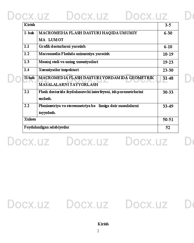 Kirish
3-5
I-  bob MACROMEDIA FLASH DASTURI  HAQIDA UMUMIY 
MA LUMOT 6-30
1.1 Grafik dasturlarni yaratish  
6-10
1. 2 Macromedia Flashda animatsiya yaratish
10-19
1. 3 Montaj stoli va uning xususiyatlari
19-23
1. 4 Xususiyatlar inspektori
23-30
II- bob MACROMEDIA FLASH DASTURI YORDAMIDA GEOMETRIK 
MASALALARNI TAYYORLASH 31-48
2.1 Flash dasturida foydalanuvchi interfeysni, ish parametrlarini 
sozlash. 30-33
2 . 2 Planimetriya va  stereometriya  bo limiga doir masalalarni 	

tayyolash. 33-49
Xulosa
50-51
Foydalanilgan adabiyotlar
52
Kirish
2 