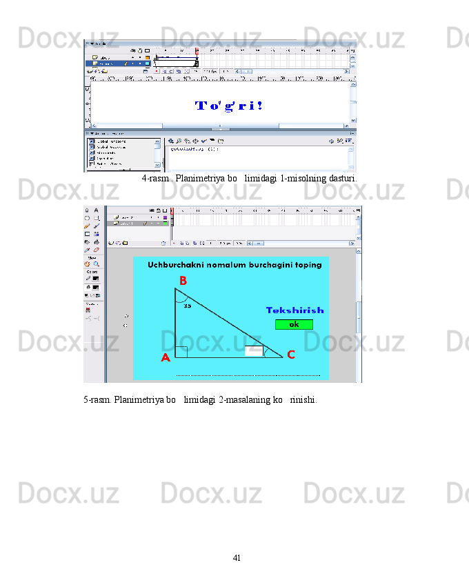 4-rasm . Planimetriya bo limidagi 1-misolning dasturi.
5-rasm. Planimetriya bo limidagi 2-masalaning ko rinishi.	
 
41 