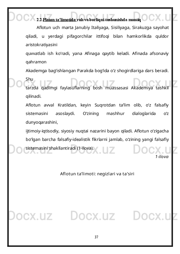 2.2  Platon     ta’limotida     ruh va borliqni tushunishda mantiq
Aflotun   uch   marta   Janubiy   Italiyaga,   Sisiliyaga,   Sirakuzga   sayohat
qiladi,   u   yerdagi   pifagorchilar   ittifoqi   bilan   hamkorlikda   quldor
aristokratiyasini
quvvatlab   ish   ko‘radi,   yana   Afinaga   qaytib   keladi.   Afinada   afsonaviy
qahramon
Akademga bag‘ishlangan Parakda bog‘ida o‘z shogirdlariga dars beradi.
Shu
tarzda   qadimgi   faylasuflarning   bosh   muassasasi   Akademiya   tashkil
qilinadi.
Aflotun   avval   Kratildan,   keyin   Suqrotdan   ta’lim   olib,   o‘z   falsafiy
sistemasini   asoslaydi.   O‘zining   mashhur   dialoglarida   o‘z
dunyoqarashini,
ijtimoiy-iqtisodiy, siyosiy nuqtai nazarini bayon qiladi. Aflotun o‘zigacha
bo‘lgan   barcha   falsafiy-idealistik   fikrlarni   jamlab,   o‘zining   yangi   falsafiy
sistemasini shakllantiradi (1-ilova).
1-ilova
Afl ot un t a’limot i: negizlari v a t a’siri
37 