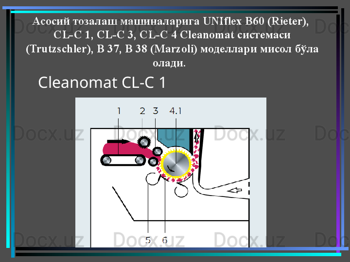 С leanomat CL-C 1Асосий тозалаш машиналарига  UNIflex B 60 ( Rieter ), 
CL - C  1,  CL - C  3,  CL - C  4 С leanomat  системаси 
( Trutzschler ), В 37, В 38 ( Marzoli ) моделлари мисол бўла 
олади.   