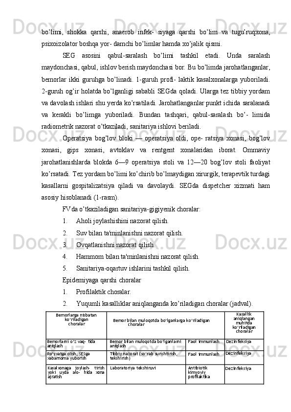 bo’limi,   shokka   qarshi,   anaerob   infek-   siyaga   qarshi   bo’lim   va   tugu’ruqxona,
psixoizolator boshqa yor- damchi bo’limlar hamda xo’jalik qismi.
SEG   asosini   qabul-saralash   bo’limi   tashkil   etadi.   Unda   saralash
maydonchasi, qabul, ishlov berish maydonchasi bor. Bu bo’limda jarohatlanganlar,
bemorlar   ikki   guruhga   bo’linadi.   1-guruh   profi-   laktik   kasalxonalarga   yuboriladi.
2-guruh og’ir holatda bo’lganligi sababli SEGda qoladi. Ularga tez tibbiy yordam
va davolash ishlari shu yerda ko’rsatiladi. Jarohatlanganlar punkt ichida saralanadi
va   kerakli   bo’limga   yuboriladi.   Bundan   tashqari,   qabul-saralash   bo’-   limida
radiometrik nazorat o’tkaziladi, sanitariya ishlovi beriladi.
Operatsiya   bog’lov   bloki   —   operatsiya   oldi,   ope-   ratsiya   xonasi,   bog’lov
xonasi,   gips   xonasi,   avtoklav   va   rentgent   xonalaridan   iborat.   Ommaviy
jarohatlanishlarda   blokda   6—9   operatsiya   stoli   va   12—20   bog’lov   stoli   faoliyat
ko’rsatadi. Tez yordam bo’limi ko’chirib bo’lmaydigan xirurgik, terapevtik turdagi
kasallarni   gospitalizatsiya   qiladi   va   davolaydi.   SEGda   dispetcher   xizmati   ham
asosiy hisoblanadi (1-rasm).
FVda o’tkaziladigan sanitariya-gigiyenik choralar:
1. Aholi joylashishini nazorat qilish.
2. Suv bilan ta'minlanishni nazorat qilish.
3. Ovqatlanishni nazorat qilish.
4. Hammom bilan ta'minlanishni nazorat qilish.
5. Sanitariya-oqartuv ishlarini tashkil qilish.
Epidemiyaga qarshi choralar
1. Profilaktik choralar.
2. Yuqumli kasalliklar aniqlanganda ko’riladigan choralar (jadval).
Bemorlarga   nisbatan
ko’riladigan
choralar Bemor   bilan   muloqotda   bo’lganlarga   ko’riladigan  
choralar Kasallik
aniqlangan
muhitda
ko’riladigan
choralar
Bemorlarni   o’z   vaq-  tida	 	aniqlash
Bemor   bilan   muloqotda   bo’lganlarni  
aniqlash	Faol	  immunlash	Dezinfeksiya
Ro’yxatga   olish,   SESga  
xabarnoma   yuborish Tibbiy   nazorat   (so’rab   surishtirish,  
tekshirish)	
Faol	  immunlash	Dezinfeksiya
Kasalxonaga   joylash-   tirish
yoki   uyda   alo-  	
hida	 xona	ajratish Laboratoriya   tekshiruvi Antibiotik  
kimyoviy  	profilaktika	
Dezinfeksiya 