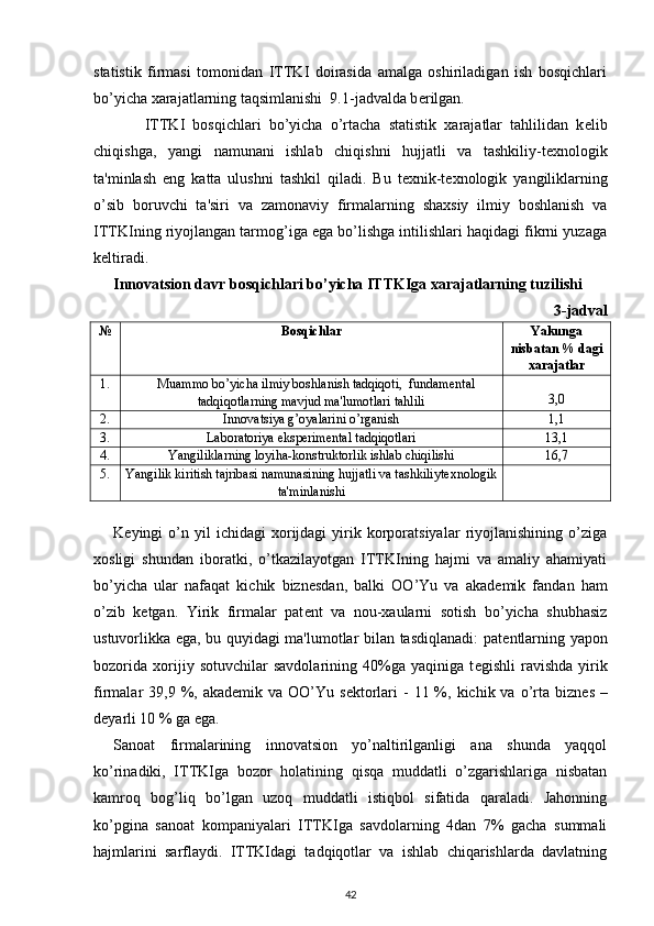 statistik   firmasi   tomonidan   ITTKI   doirasida   amalga   oshiriladigan   ish   bosqichlari
bo’yicha xarajatlarning taqsimlanishi  9.1-jadvalda b е rilgan.  
        ITTKI   bosqichlari   bo’yicha   o’rtacha   statistik   xarajatlar   tahlilidan   k е lib
chiqishga,   yangi   namunani   ishlab   chiqishni   hujjatli   va   tashkiliy-t е xnologik
ta'minlash   eng   katta   ulushni   tashkil   qiladi.   Bu   t е xnik-t е xnologik   yangiliklarning
o’sib   boruvchi   ta'siri   va   zamonaviy   firmalarning   shaxsiy   ilmiy   boshlanish   va
ITTKIning riyojlangan tarmog’iga ega bo’lishga intilishlari haqidagi fikrni yuzaga
k е ltiradi. 
Innovatsion davr bosqichlari bo’yicha ITTKIga xarajatlarning tuzilishi 
3-jadval
№ Bosqichlar Yakunga
nisbatan % dagi
xarajatlar
1. Muammo bo’yicha ilmiy boshlanish tadqiqoti,  fundam е ntal
tadqiqotlarning mavjud ma'lumotlari tahlili 3,0
2. Innovatsiya g’oyalarini o’rganish 1,1
3. Laboratoriya ekspеrimеntal tadqiqotlari 13,1
4. Yangiliklarning loyiha-konstruktorlik ishlab chiqilishi 16,7
5. Yangilik kiritish tajribasi namunasining hujjatli va tashkiliyt е xnologik
ta'minlanishi
 
K е yingi   o’n  yil   ichidagi   xorijdagi   yirik  korporatsiyalar   riyojlanishining   o’ziga
xosligi   shundan   iboratki,   o’tkazilayotgan   ITTKIning   hajmi   va   amaliy   ahamiyati
bo’yicha   ular   nafaqat   kichik   bizn е sdan,   balki   OO’Yu   va   akad е mik   fandan   ham
o’zib   k е tgan.   Yirik   firmalar   pat е nt   va   nou-xaularni   sotish   bo’yicha   shubhasiz
ustuvorlikka ega, bu quyidagi ma'lumotlar bilan tasdiqlanadi: pat е ntlarning yapon
bozorida   xorijiy   sotuvchilar   savdolarining   40%ga   yaqiniga   t е gishli   ravishda   yirik
firmalar  39,9  %,  akad е mik va  OO’Yu s е ktorlari  -  11  %, kichik  va o’rta  bizn е s  –
d е yarli 10 % ga ega.   
Sanoat   firmalarining   innovatsion   yo’naltirilganligi   ana   shunda   yaqqol
ko’rinadiki,   ITTKIga   bozor   holatining   qisqa   muddatli   o’zgarishlariga   nisbatan
kamroq   bog’liq   bo’lgan   uzoq   muddatli   istiqbol   sifatida   qaraladi.   Jahonning
ko’pgina   sanoat   kompaniyalari   ITTKIga   savdolarning   4dan   7%   gacha   summali
hajmlarini   sarflaydi.   ITTKIdagi   tadqiqotlar   va   ishlab   chiqarishlarda   davlatning
42 