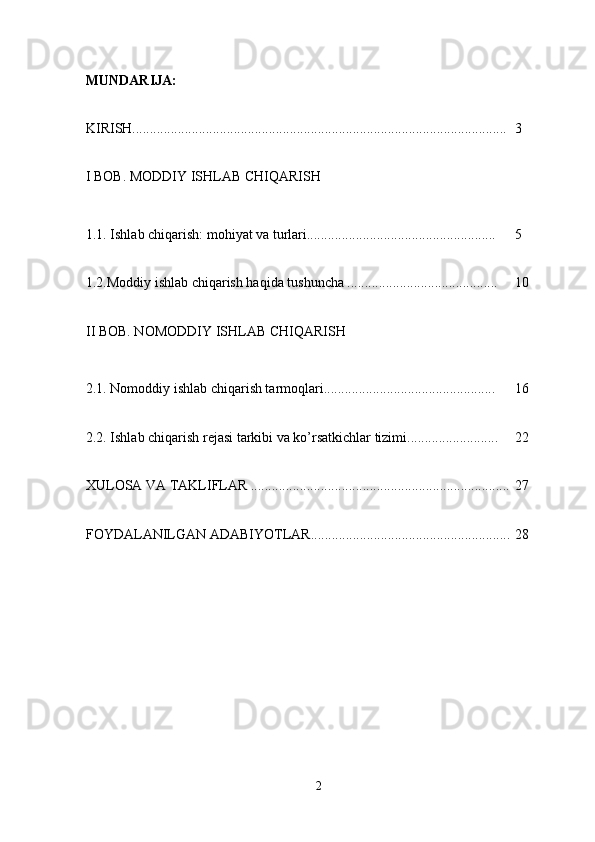 MUNDARIJA:  
KIRISH...........................................................................................................  3 
I BOB. MODDIY ISHLAB CHIQARISH 
1.1. Ishlab chiqarish: mohiyat va turlari......................................................  5 
1.2.Moddiy ishlab chiqarish haqida tushuncha ...........................................  10 
II BOB. NOMODDIY ISHLAB CHIQARISH 
2.1. Nomoddiy ishlab chiqarish tarmoqlari.................................................  16 
2.2. Ishlab chiqarish rejasi tarkibi va ko’rsatkichlar tizimi..........................  22 
XULOSA VA TAKLIFLAR .......................................................................... 27 
FOYDALANILGAN ADABIYOTLAR......................................................... 28 
2 