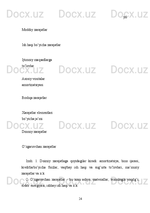 yil 
Moddiy xarajatlar 
Ish haqi bo’yicha xarajatlar 
Ijtimoiy maqsadlarga 
to’lovlar 
Asosiy vositalar 
amortizatsiyasi 
Boshqa xarajatlar 
Xarajatlar elementlari 
bo’yicha ja’mi 
Doimiy xarajatlar 
O’zgaruvchan xarajatlar 
Izoh:   1.   Doimiy   xarajatlaga   quyidagilar   kiradi:   amortizatsiya,   bino   ijarasi,
kreditlarbo’yicha   foizlar,   vaqtbay   ish   haqi   va   sug’urta   to’lovlari,   ma’muriy
xarajatlar va x.k. 
2.   O’zgaruvchan   xarajatlar   -   bu   xom   ashyo,   materiallar,   texnologik   yoqilg’i,
elektr energiyasi, ishbay ish haqi va x.k. 
24 