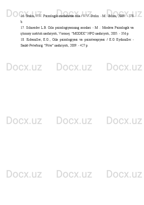 16. Stolin, V.V.   Psixologik maslahatda oila / V.V.   Stolin.   - M.: Bilim, 2009. - 278
b.
17.   Schneider   L.B.   Oila   psixologiyasining   asoslari   -   M   .:   Moskva   Psixologik   va
ijtimoiy instituti nashriyoti;   Voronej: "MODEK" NPO nashriyoti, 2005. - 356 p.
18.   Eidemiller,   E.G.,   Oila   psixologiyasi   va   psixoterapiyasi   /   E.G.   Eydimiller.   -
Sankt-Peterburg: "Piter" nashriyoti, 2009. - 427 p. 