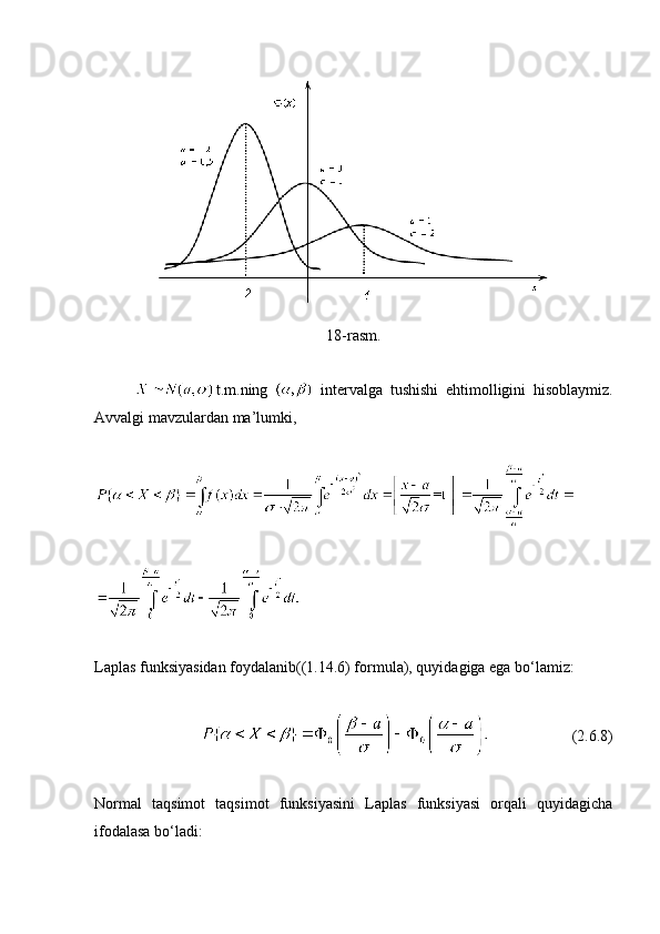 18-rasm.
t.m.ning     intervalga   tushishi   ehtimolligini   hisoblaymiz.
Avvalgi mavzulardan ma’lumki, 
Laplas funksiyasidan foydalanib((1.14.6) formula), quyidagiga ega bo‘lamiz:
                      (2.6.8)
Normal   taqsimot   taqsimot   funksiyasini   Laplas   funksiyasi   orqali   quyidagicha
ifodalasa bo‘ladi: 