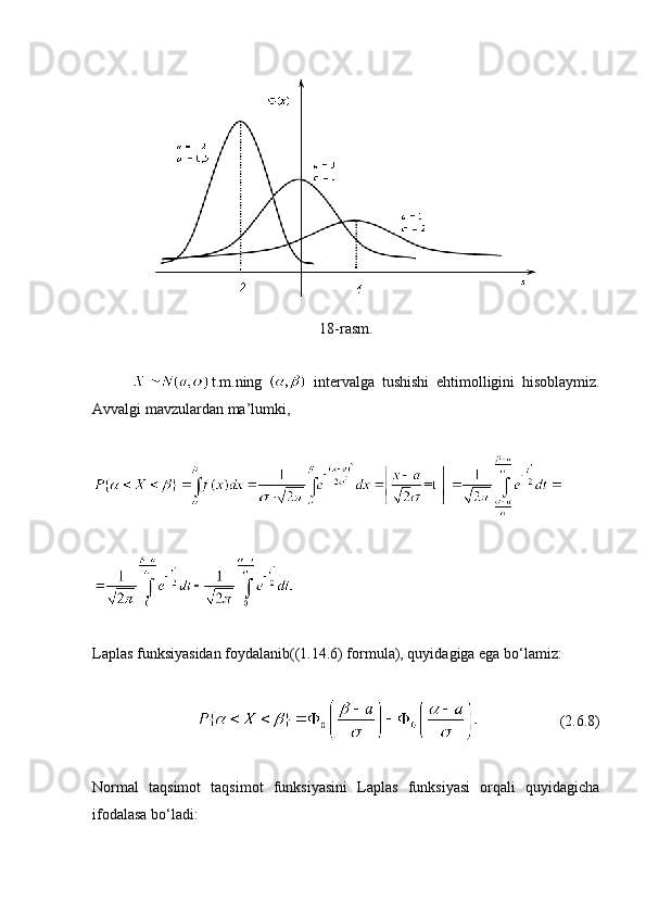 18-rasm.
t.m.ning     intervalga   tushishi   ehtimolligini   hisoblaymiz.
Avvalgi mavzulardan ma’lumki, 
Laplas funksiyasidan foydalanib((1.14.6) formula), quyidagiga ega bo‘lamiz:
                      (2.6.8)
Normal   taqsimot   taqsimot   funksiyasini   Laplas   funksiyasi   orqali   quyidagicha
ifodalasa bo‘ladi:
