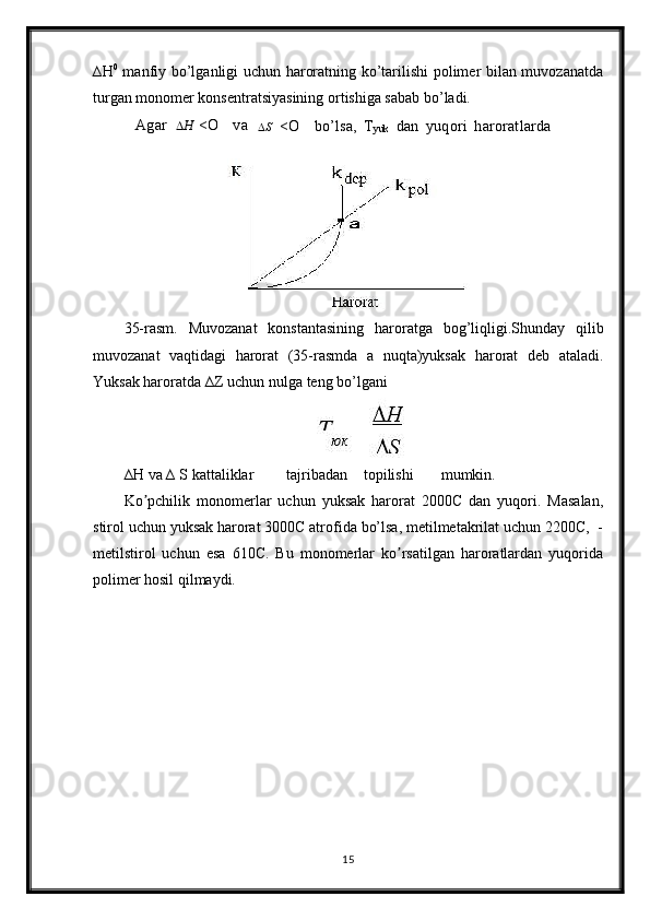 ∆H 0
  manfiy bo’lganligi uchun haroratning ko’tarilishi polimer bilan muvozanatda
turgan monomer konsentratsiyasining ortishiga sabab bo’ladi.Agar	 
 H  	<O	 	va	  S <O	 	bo’lsa,	 Tyuk	 dan	 yuqori	 haroratlarda	 
35-rasm.   Muvozanat   konstantasining   haroratga   bog’liqligi.Shunday   qilib
muvozanat   vaqtidagi   harorat   (35-rasmda   a   nuqta)yuksak   harorat   deb   ataladi.
Yuksak haroratda ∆Z uchun nulga teng bo’lgani
∆H va ∆ S kattaliklar tajribadan topilishi mumkin.
Ko pchilik   monomerlar   uchun   yuksak   harorat   2000С   dan   yuqori.   Masalan,	
ʼ
stirol uchun yuksak harorat 3000С atrofida bo’lsa, metilmetakrilat uchun 2200С,  -	

metilstirol   uchun   esa   610С.   Bu   monomerlar   ko rsatilgan   haroratlardan   yuqorida	
ʼ
polimer hosil qilmaydi.
15 
