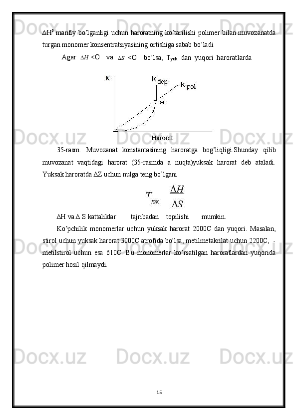 ∆H 0
  manfiy bo’lganligi uchun haroratning ko’tarilishi polimer bilan muvozanatda
turgan monomer konsentratsiyasining ortishiga sabab bo’ladi.Agar	 
 H  	<O	 	va	  S <O	 	bo’lsa,	 Tyuk	 dan	 yuqori	 haroratlarda	 
35-rasm.   Muvozanat   konstantasining   haroratga   bog’liqligi.Shunday   qilib
muvozanat   vaqtidagi   harorat   (35-rasmda   a   nuqta)yuksak   harorat   deb   ataladi.
Yuksak haroratda ∆Z uchun nulga teng bo’lgani
∆H va ∆ S kattaliklar tajribadan topilishi mumkin.
Ko pchilik   monomerlar   uchun   yuksak   harorat   2000С   dan   yuqori.   Masalan,	
ʼ
stirol uchun yuksak harorat 3000С atrofida bo’lsa, metilmetakrilat uchun 2200С,  -	
metilstirol   uchun   esa   610С.   Bu   monomerlar   ko rsatilgan   haroratlardan   yuqorida	
ʼ
polimer hosil qilmaydi.
15
