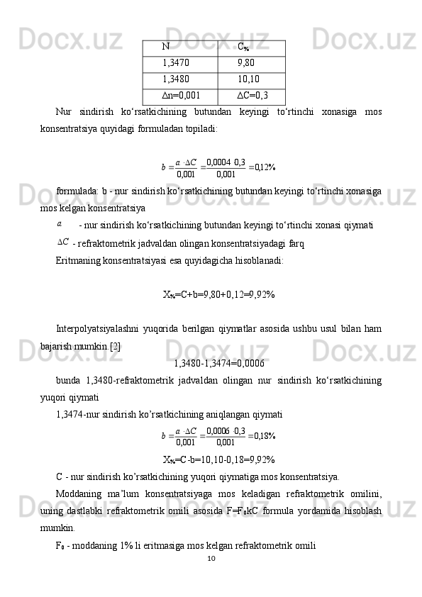 N C
%
1,3470 9,80
1,3480 10,10
∆n=0,001 ∆C=0,3 
Nur   sindirish   ko‘rsatkichining   butundan   keyingi   to‘rtinchi   xonasiga   mos
konsentratsiya quyidagi formuladan topiladi:
%12,0
001,0 3,00004,0
001,0 

 Ca
b
formulada: b - nur sindirish ko‘rsatkichining butundan keyingi to‘rtinchi xonasiga
mos kelgan konsentratsiya а
- nur sindirish ko‘rsatkichining butundan keyingi to‘rtinchi xonasi qiymati
C
 - refraktometrik jadvaldan olingan konsentratsiyadagi farq
Eritmaning konsentratsiyasi esa quyidagicha hisoblanadi:
Х
% = С +b=9,80+0,12=9,92%
Interpolyatsiyalashni   yuqorida   berilgan   qiymatlar   asosida   ushbu   usul   bilan   ham
bajarish mumkin. [2]
1,3480-1,3474=0,0006
bunda   1,3480-refraktometrik   jadvaldan   olingan   nur   sindirish   ko‘rsatkichining
yuqori qiymati
1,3474-nur sindirish ko’rsatkichining aniqlangan qiymati	
%	18,0	001,0	
3,0	0006,0	
001,0						C	a	b
Х
% = С -b=10,10-0,18=9,92%
C - nur sindirish ko’rsatkichining yuqori qiymatiga mos konsentratsiya.
Moddaning   ma’lum   konsentratsiyaga   mos   keladigan   refraktometrik   omilini,
uning   dastlabki   refraktometrik   omili   asosida   F=F
0 kC   formula   yordamida   hisoblash
mumkin.
F
0  - moddaning 1% li eritmasiga mos kelgan refraktometrik omili
10 