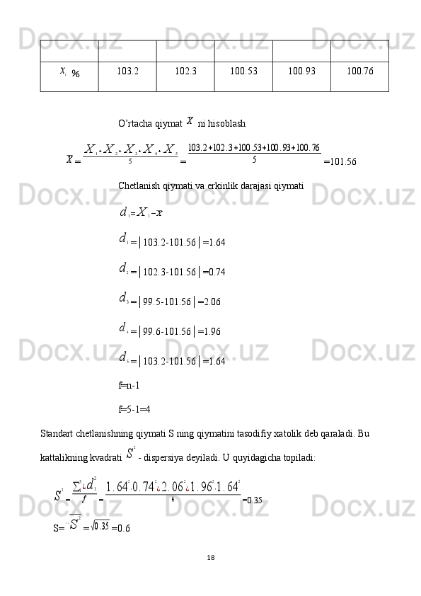 xi  ％ 103.2 102.3 100.53 100.93 100.76
O’rtacha qiymat 	
X  ni hisoblash	
X
=	
X	1+X	2+X	3+X	4+X	5	
5 =	
103	.2+102	.3+100	.53	+100	.93	+100	.76	
5 =101.56
Chetlanish qiymati va erkinlik darajasi qiymati	
d	1=	X	1−X	
d1
=│103.2-101.56│=1.64
d2
=│102.3-101.56│=0.74
d3
=│99.5-101.56│=2.06
d4
=│99.6-101.56│=1.96
d5
=│103.2-101.56│=1.64
f=n-1
f=5-1=4
Standart chetlanishning qiymati S ning qiymatini tasodifiy xatolik deb qaraladi. Bu 
kattalikning kvadrati 
S
2 - dispersiya deyiladi. U quyidagicha topiladi:	
S
2
=	∑1
5¿d	1
2	
f =	
1.64	
2
⋅0.74	
2
¿2.06	
2
¿1.96	
2
⋅1.64	
2	
4 =0.35
S=	
√S	
2 =	
√0.35 =0.6
18 