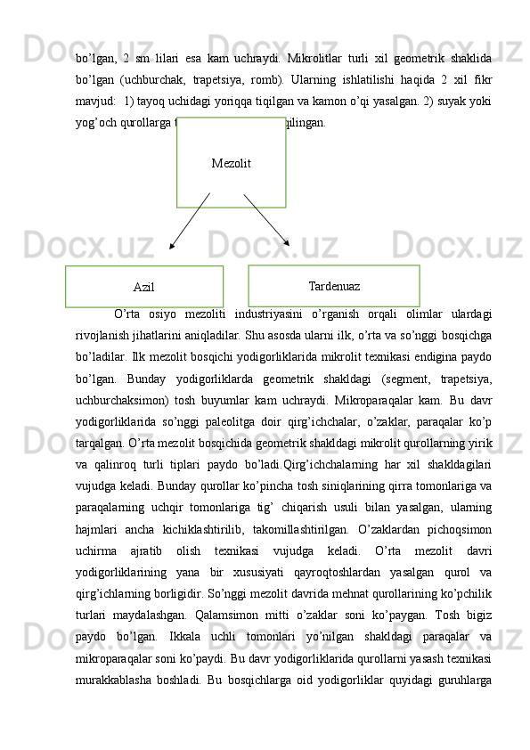 bo’lgan,   2   sm   lilari   esa   kam   uchraydi.   Mikrolitlar   turli   xil   geometrik   shaklida
bo’lgan   (uchburchak,   trapetsiya,   romb).   Ularning   ishlatilishi   haqida   2   xil   fikr
mavjud:  1) tayoq uchidagi yoriqqa tiqilgan va kamon o’qi yasalgan. 2) suyak yoki
yog’och qurollarga taqab o’tkir tig’ hosil qilingan.
O’rta   osiyo   mezoliti   industriyasini   o’rganish   orqali   olimlar   ulardagi
rivojlanish jihatlarini aniqladilar. Shu asosda ularni ilk, o’rta va so’nggi bosqichga
bo’ladilar. Ilk mezolit bosqichi yodigorliklarida mikrolit texnikasi endigina paydo
bo’lgan.   Bunday   yodigorliklarda   geometrik   shakldagi   (segment,   trapetsiya,
uchburchaksimon)   tosh   buyumlar   kam   uchraydi.   Mikroparaqalar   kam.   Bu   davr
yodigorliklarida   so’nggi   paleolitga   doir   qirg’ichchalar,   o’zaklar,   paraqalar   ko’p
tarqalgan. O’rta mezolit bosqichida geometrik shakldagi mikrolit qurollarning yirik
va   qalinroq   turli   tiplari   paydo   bo’ladi.Qirg’ichchalarning   har   xil   shakldagilari
vujudga keladi. Bunday qurollar ko’pincha tosh siniqlarining qirra tomonlariga va
paraqalarning   uchqir   tomonlariga   tig’   chiqarish   usuli   bilan   yasalgan,   ularning
hajmlari   ancha   kichiklashtirilib,   takomillashtirilgan.   O’zaklardan   pichoqsimon
uchirma   ajratib   olish   texnikasi   vujudga   keladi.   O’rta   mezolit   davri
yodigorliklarining   yana   bir   xususiyati   qayroqtoshlardan   yasalgan   qurol   va
qirg’ichlarning borligidir. So’nggi mezolit davrida mehnat qurollarining ko’pchilik
turlari   maydalashgan.   Qalamsimon   mitti   o’zaklar   soni   ko’paygan.   Tosh   bigiz
paydo   bo’lgan.   Ikkala   uchli   tomonlari   yo’nilgan   shakldagi   paraqalar   va
mikroparaqalar soni ko’paydi. Bu davr yodigorliklarida qurollarni yasash texnikasi
murakkablasha   boshladi.   Bu   bosqichlarga   oid   yodigorliklar   quyidagi   guruhlarga Mezolit
Azil Tardenuaz 