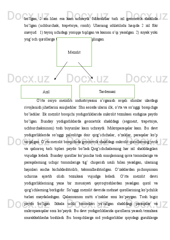 bo’lgan,   2   sm   lilari   esa   kam   uchraydi.   Mikrolitlar   turli   xil   geometrik   shaklida
bo’lgan   (uchburchak,   trapetsiya,   romb).   Ularning   ishlatilishi   haqida   2   xil   fikr
mavjud:  1) tayoq uchidagi yoriqqa tiqilgan va kamon o’qi yasalgan. 2) suyak yoki
yog’och qurollarga taqab o’tkir tig’ hosil qilingan.
O’rta   osiyo   mezoliti   industriyasini   o’rganish   orqali   olimlar   ulardagi
rivojlanish jihatlarini aniqladilar. Shu asosda ularni ilk, o’rta va so’nggi bosqichga
bo’ladilar. Ilk mezolit bosqichi yodigorliklarida mikrolit texnikasi endigina paydo
bo’lgan.   Bunday   yodigorliklarda   geometrik   shakldagi   (segment,   trapetsiya,
uchburchaksimon)   tosh   buyumlar   kam   uchraydi.   Mikroparaqalar   kam.   Bu   davr
yodigorliklarida   so’nggi   paleolitga   doir   qirg’ichchalar,   o’zaklar,   paraqalar   ko’p
tarqalgan. O’rta mezolit bosqichida geometrik shakldagi mikrolit qurollarning yirik
va   qalinroq   turli   tiplari   paydo   bo’ladi.Qirg’ichchalarning   har   xil   shakldagilari
vujudga keladi. Bunday qurollar ko’pincha tosh siniqlarining qirra tomonlariga va
paraqalarning   uchqir   tomonlariga   tig’   chiqarish   usuli   bilan   yasalgan,   ularning
hajmlari   ancha   kichiklashtirilib,   takomillashtirilgan.   O’zaklardan   pichoqsimon
uchirma   ajratib   olish   texnikasi   vujudga   keladi.   O’rta   mezolit   davri
yodigorliklarining   yana   bir   xususiyati   qayroqtoshlardan   yasalgan   qurol   va
qirg’ichlarning borligidir. So’nggi mezolit davrida mehnat qurollarining ko’pchilik
turlari   maydalashgan.   Qalamsimon   mitti   o’zaklar   soni   ko’paygan.   Tosh   bigiz
paydo   bo’lgan.   Ikkala   uchli   tomonlari   yo’nilgan   shakldagi   paraqalar   va
mikroparaqalar soni ko’paydi. Bu davr yodigorliklarida qurollarni yasash texnikasi
murakkablasha   boshladi.   Bu   bosqichlarga   oid   yodigorliklar   quyidagi   guruhlarga Mezolit
Azil Tardenuaz