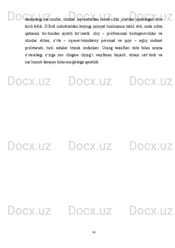 darajadagi ma’murlar, olimlar, injenerlardan iborat ichki jihatdan jipslashgan elita
kirib keldi. D.Bell industrialdan keyingi jamiyat tuzilmasini tahlil etib, unda uchta
qatlamni   bir-biridan   ajratib   ko‘rsatdi:   oliy   –   professional   boshqaruvchilar   va
olimlar   elitasi,   o‘rta   –   injener-texnikaviy   personal   va   quyi   –   aqliy   mehnat
proletariati,   turli   sohalar   texnik   xodimlari.   Uning   tasniflari   elita   bilan   omma
o‘rtasidagi   o‘ziga   xos   chegara   chizig‘i   vazifasini   bajarib,   elitani   iste’dodi   va
ma’lumoti darajasi bilan aniqlashga qaratildi.
14 