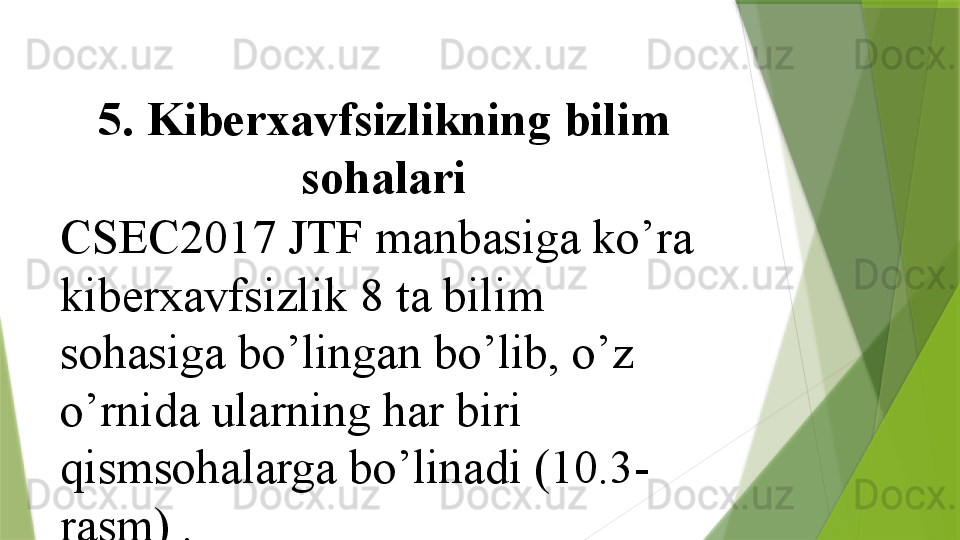 5. 	Kiberxavfsizlikning	 	bilim	 
sohalari
CSEC2017	
 	JTF	 	manbasiga	 	ko’ra	 
kiberxavfsizlik	
 	8	 	ta	 	bilim	 
sohasiga	
 	bo’lingan	 	bo’lib,	 	o’z	 
o’rnida	
 	ularning	 	har	 	biri	 
qismsohalarga	
 	bo’linadi	 	(10.3-
rasm)	
 	.	                  